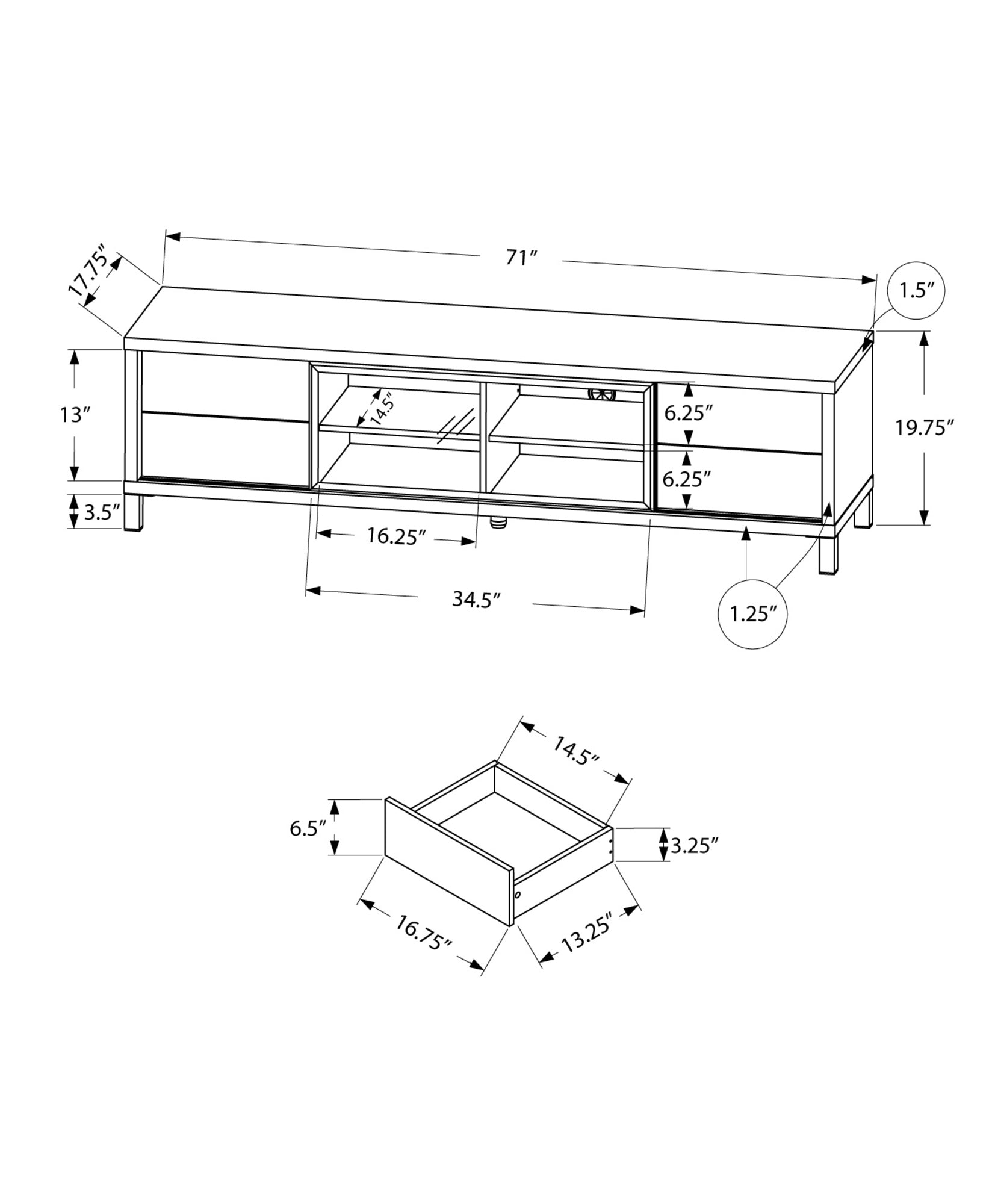 17.75" x 71" x 19.75" Dark Taupe Clear Silver Particle Board Glass Hollow Core Tv Stand