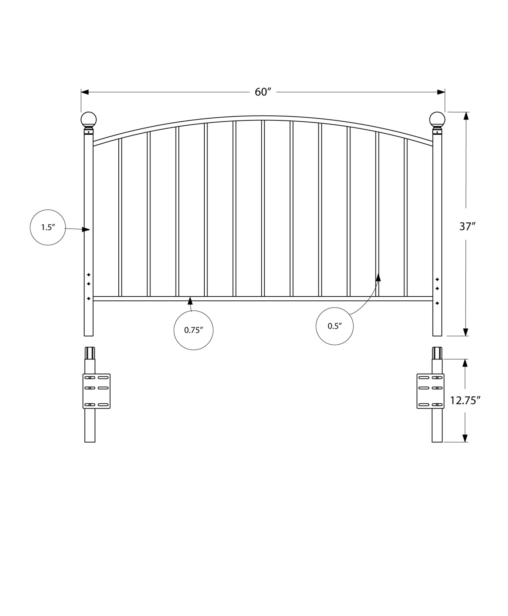 1.5" x 60" x 49.75" Coffee Metal  QueenFull Size Bed Headboard