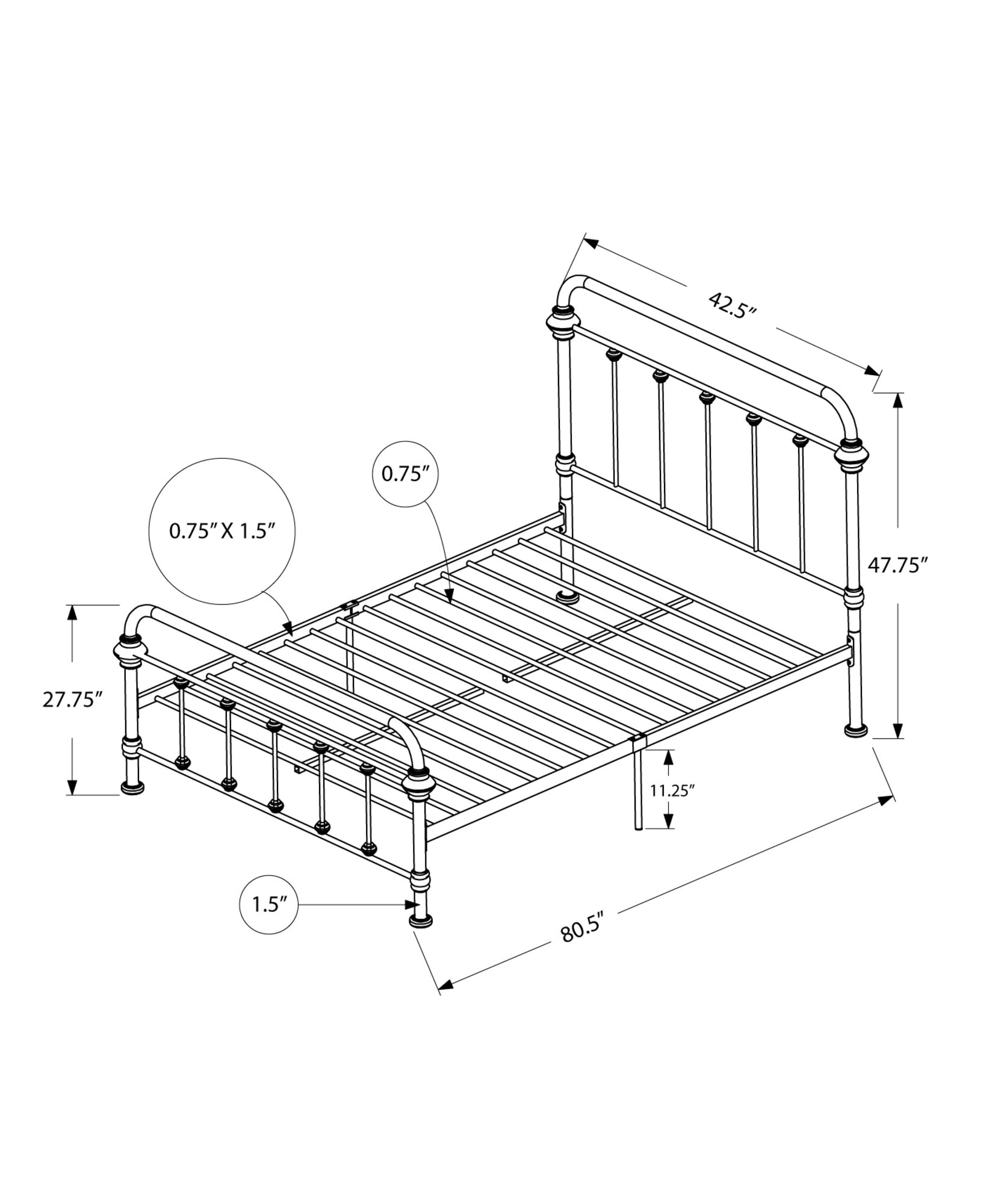 80.5" x 42.5" x 47.75" Black Metal  Twin Size Bed