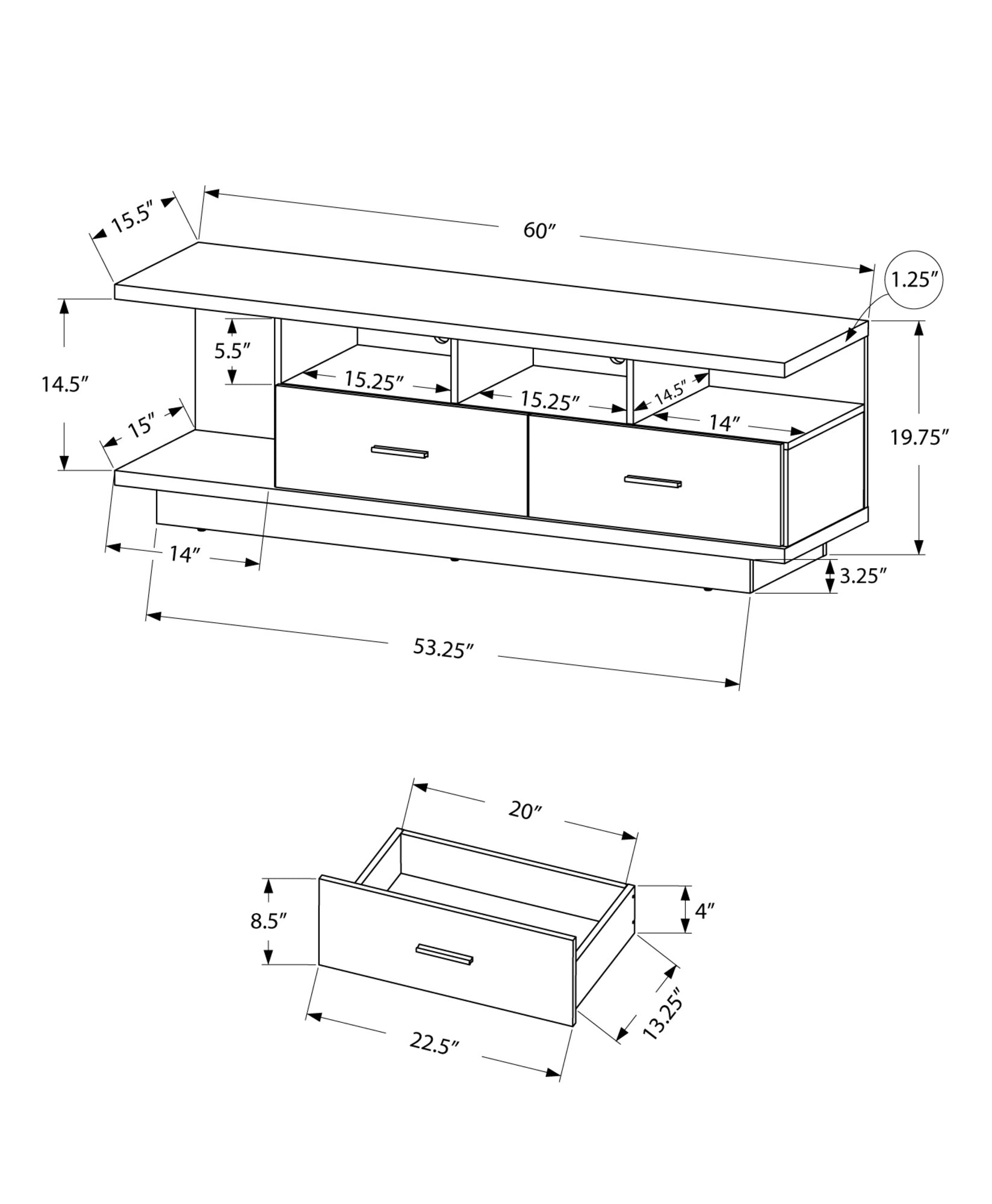 19.75" Dark Taupe Particle Board Hollow Core and MDF TV Stand with 2 Drawers