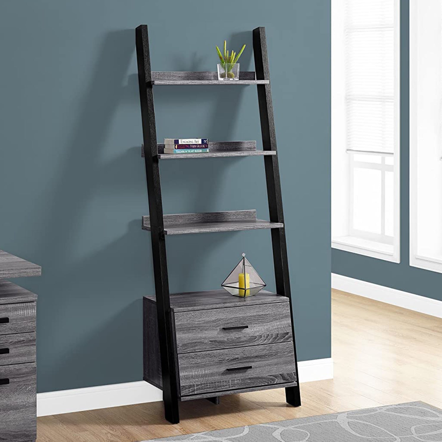 16.75" x 25.5" x 69" Grey Black Particle Board Hollow Core  Bookcase with 2 Storage Drawers