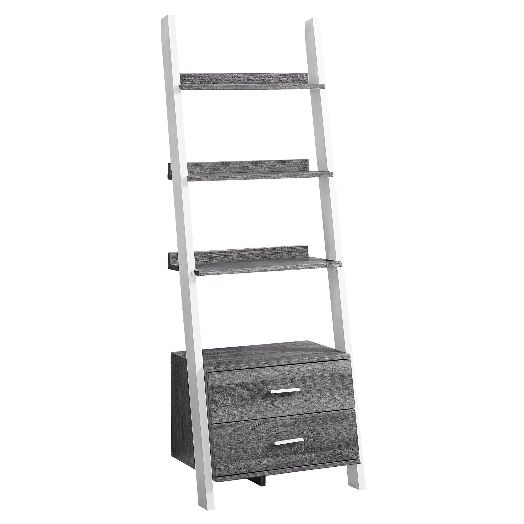 16.75" x 25.5" x 69" Grey White Particle Board Hollow Core  Bookcase with 2 Storage Drawers