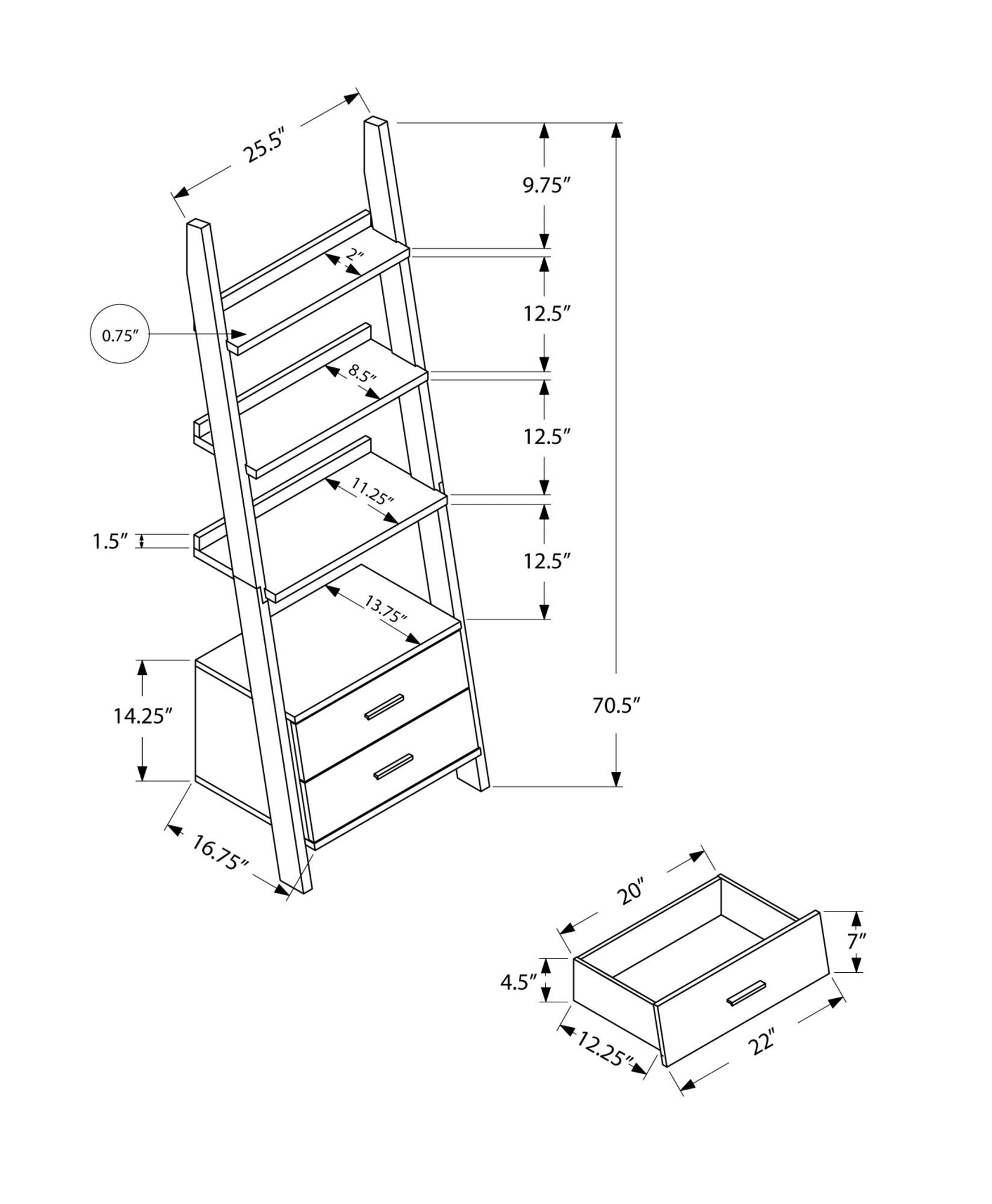 16.75" x 25.5" x 69" Grey White Particle Board Hollow Core  Bookcase with 2 Storage Drawers