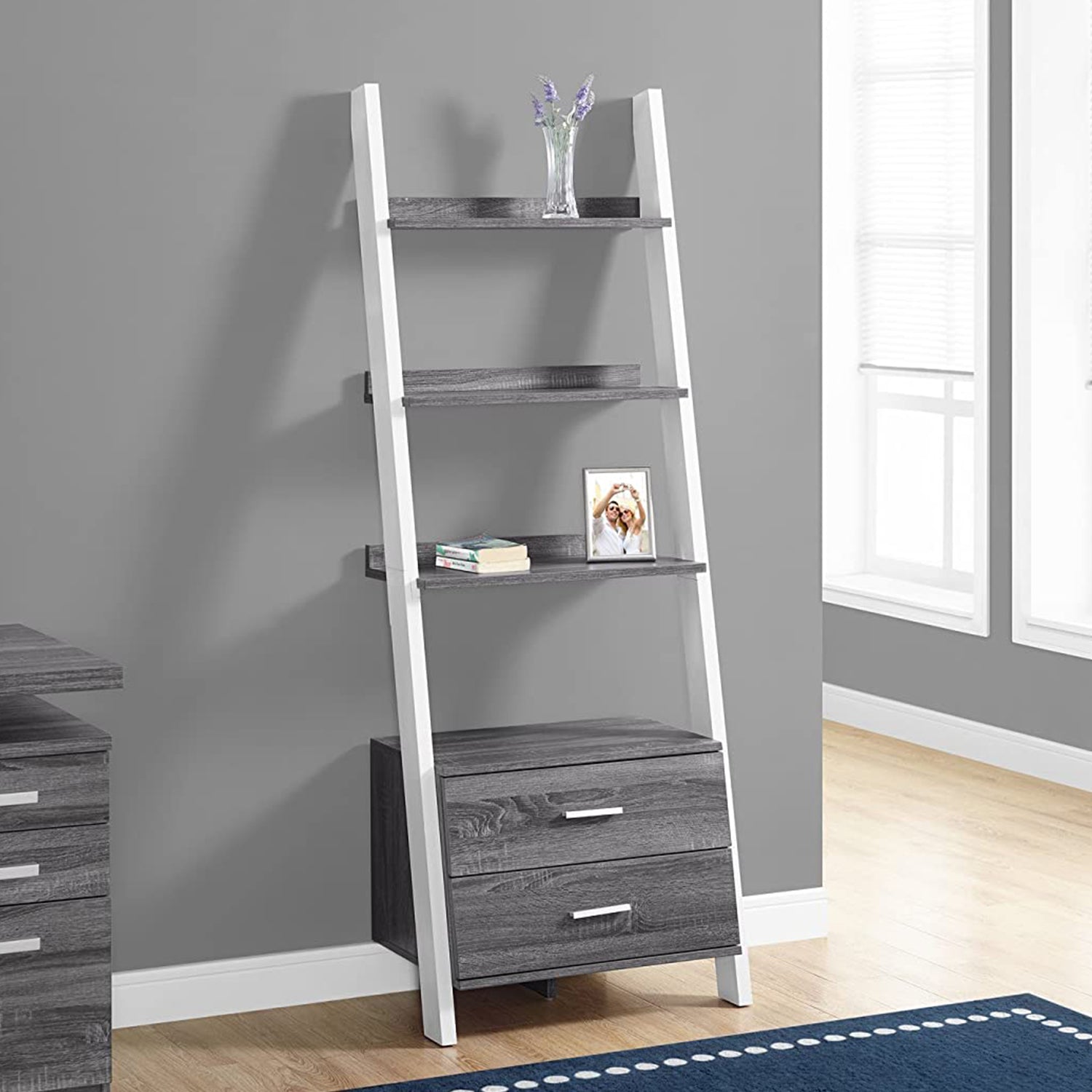 16.75" x 25.5" x 69" Grey White Particle Board Hollow Core  Bookcase with 2 Storage Drawers