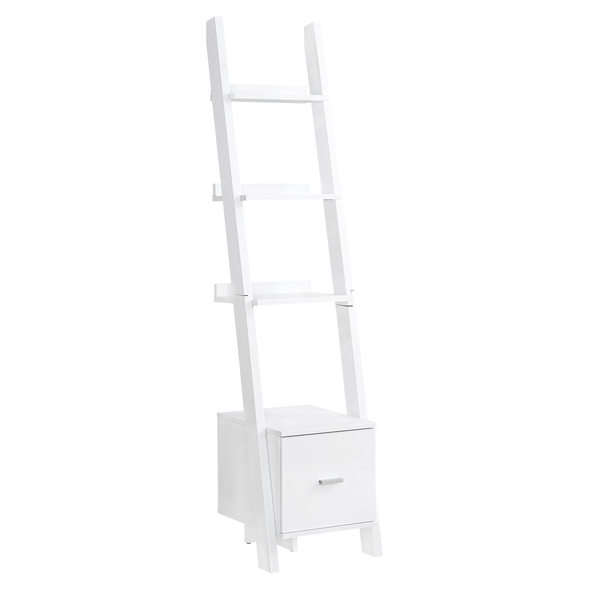 69" White Particle Board Ladder Bookcase with a Storage Drawer