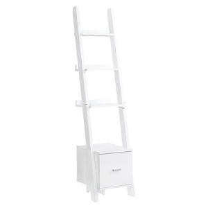 69" White Particle Board Ladder Bookcase with a Storage Drawer