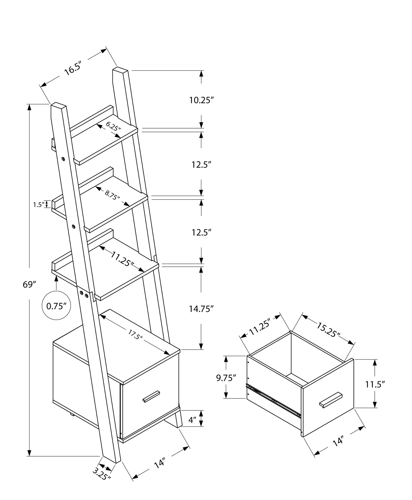 69" Grey Particle Board Ladder Bookcase with a Storage Drawer