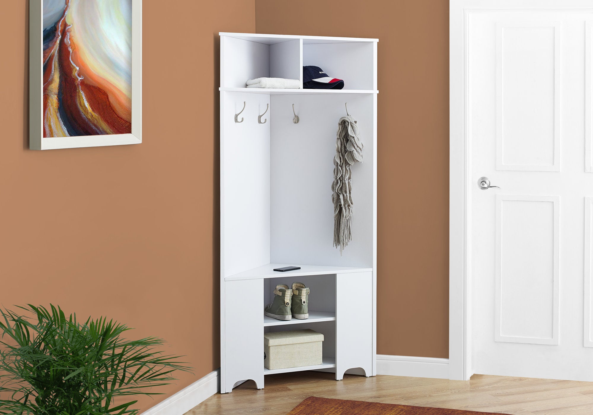 67" White Corner Unit Laminated Hall Tree