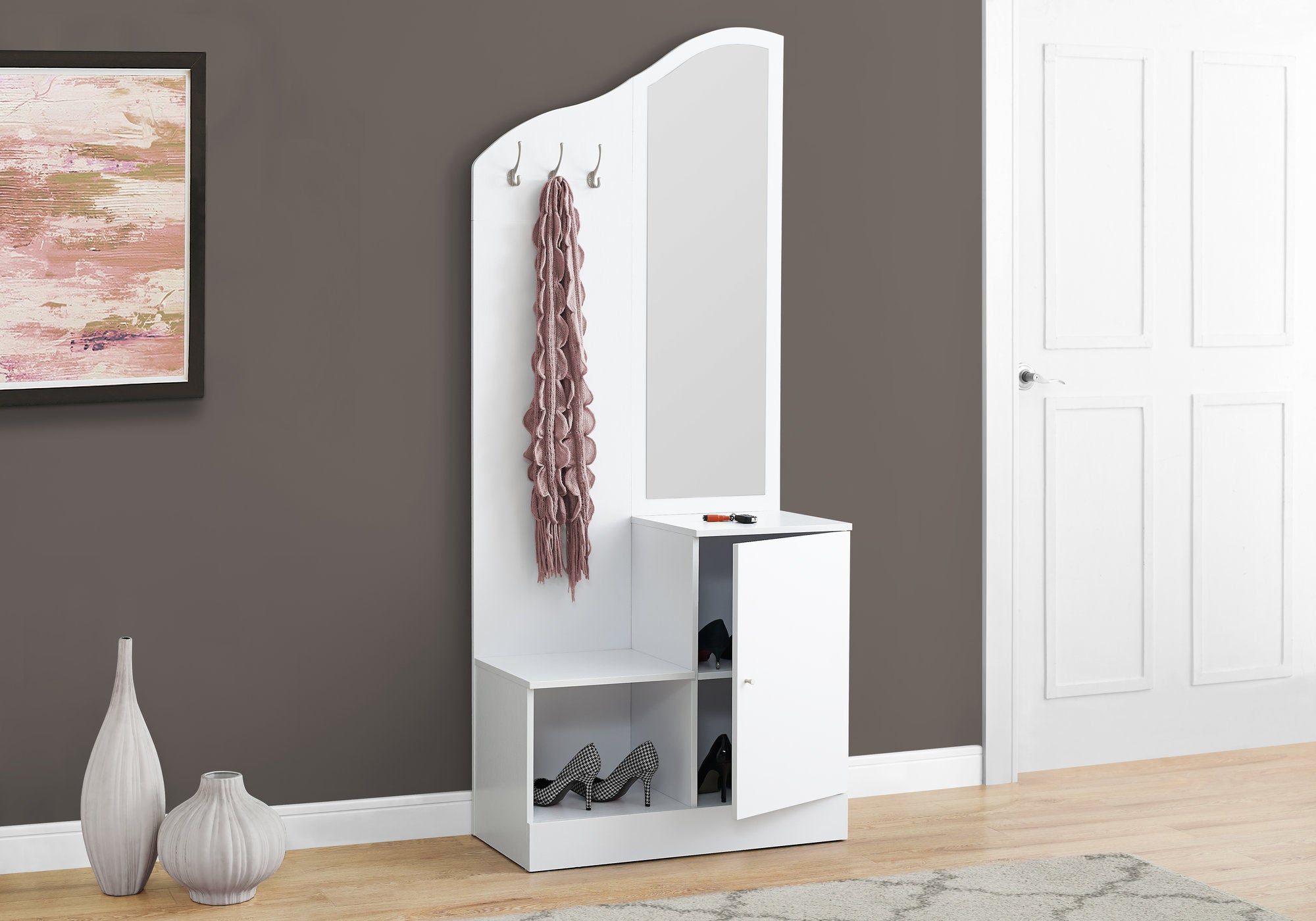 75" White Storage UnitwithMirror Hall Tree