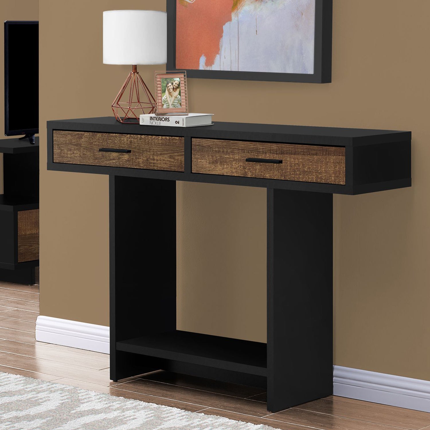 12.25" x 47.25" x 32" Black Brown Particle Board Hollow Core Accent Table with 2 Drawers
