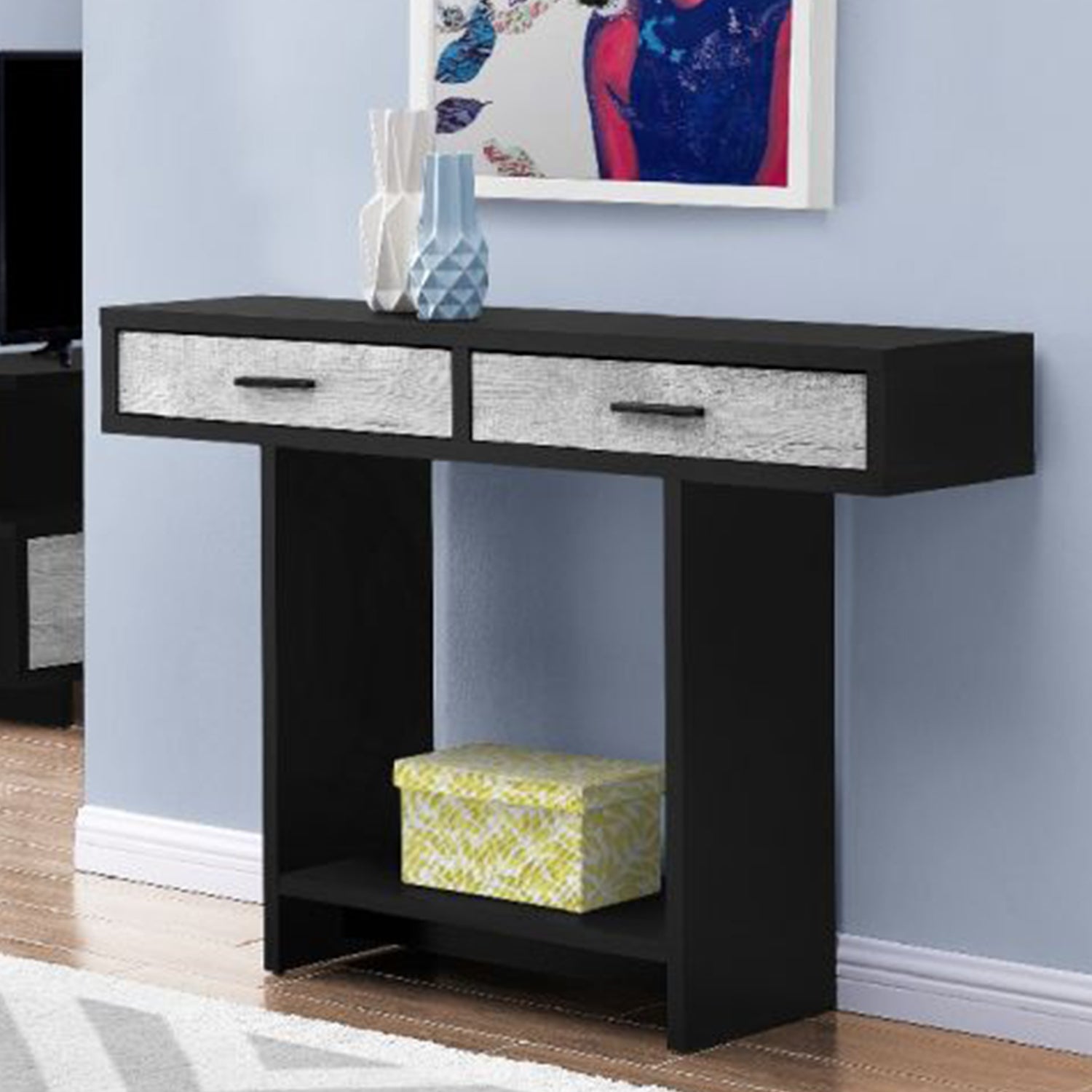 12.25" x 47.25" x 32" Black Grey Particle Board Hollow Core Accent Table with 2 Drawers