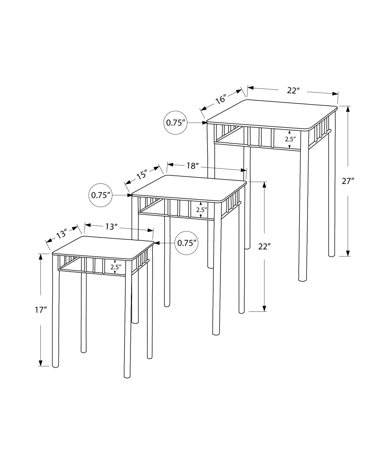 44" x 53" x 66" Cappuccino Marble-Look Finish and Bronze Metal Nesting Table - Set of 3