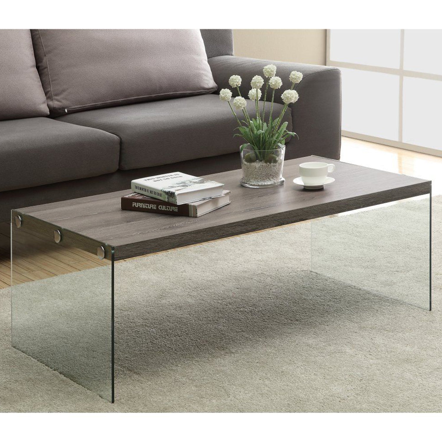 22" x 44" x 16" Dark Taupe  Tempered Glass  Coffee Table