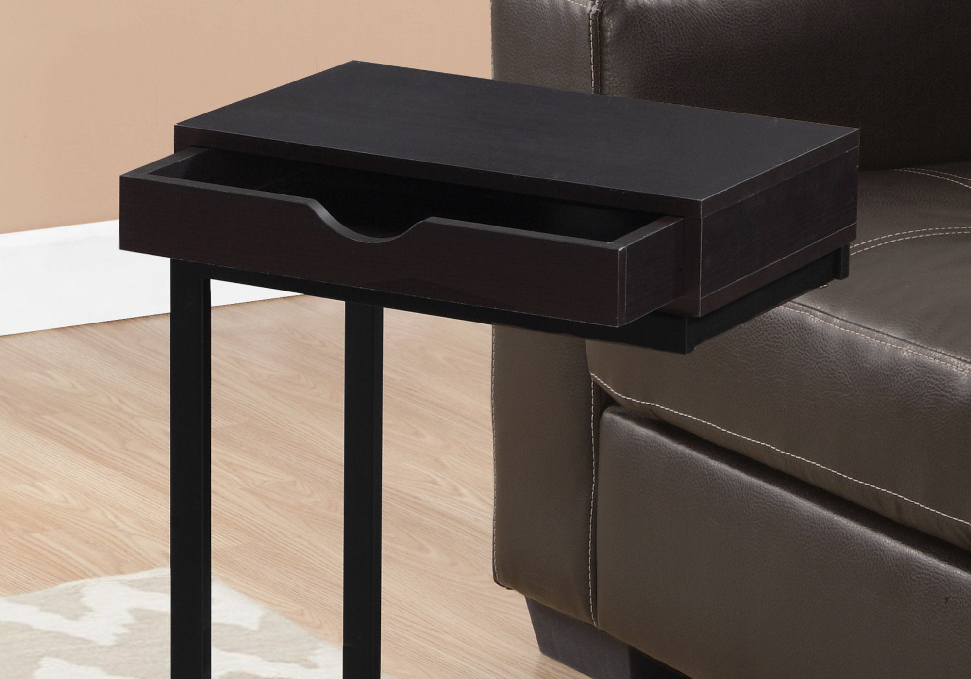 10.25" x 15.75" x 24.5" Cappuccino Finish and Black Metal Accent Table