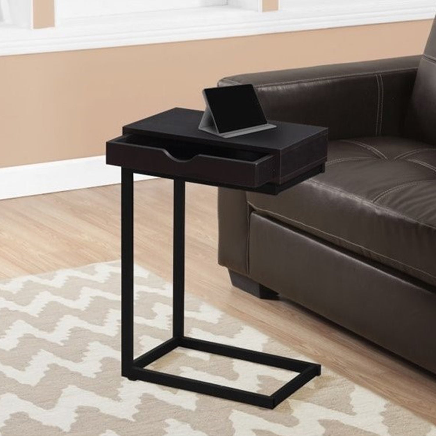 10.25" x 15.75" x 24.5" Cappuccino Finish and Black Metal Accent Table