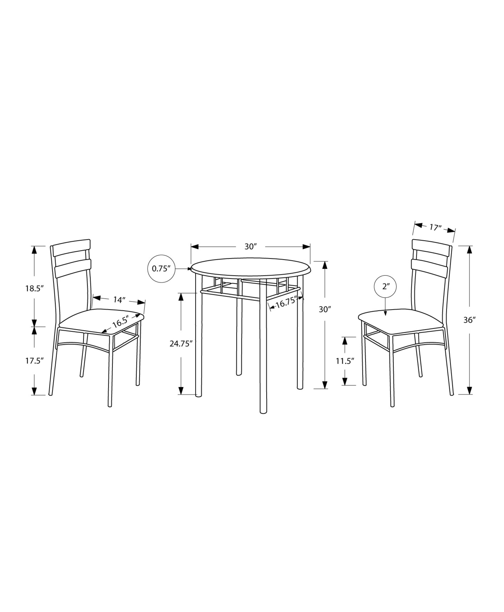 36" Black Microfiber Foam MDF and Silver Metal Three Pieces Dining Set