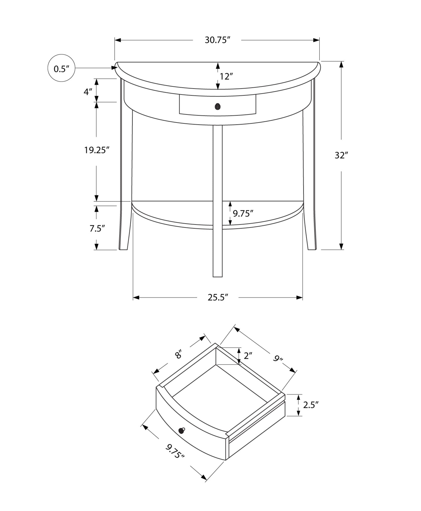 12" x 30.75" x 32" Cherry Solid Wood Finish Accent Table
