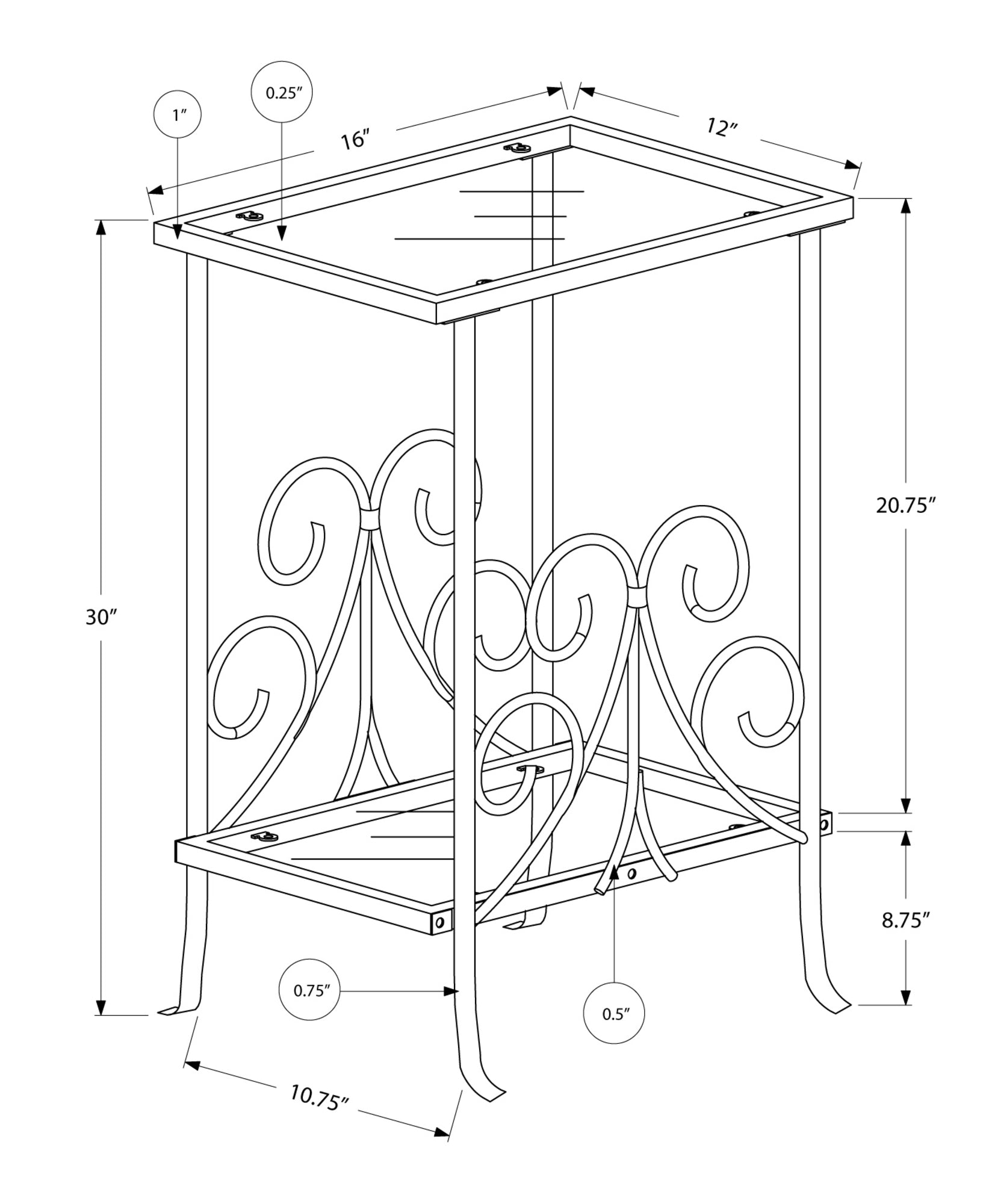12" x 16" x 30" White Clear Metal Tempered Glass  Accent Table