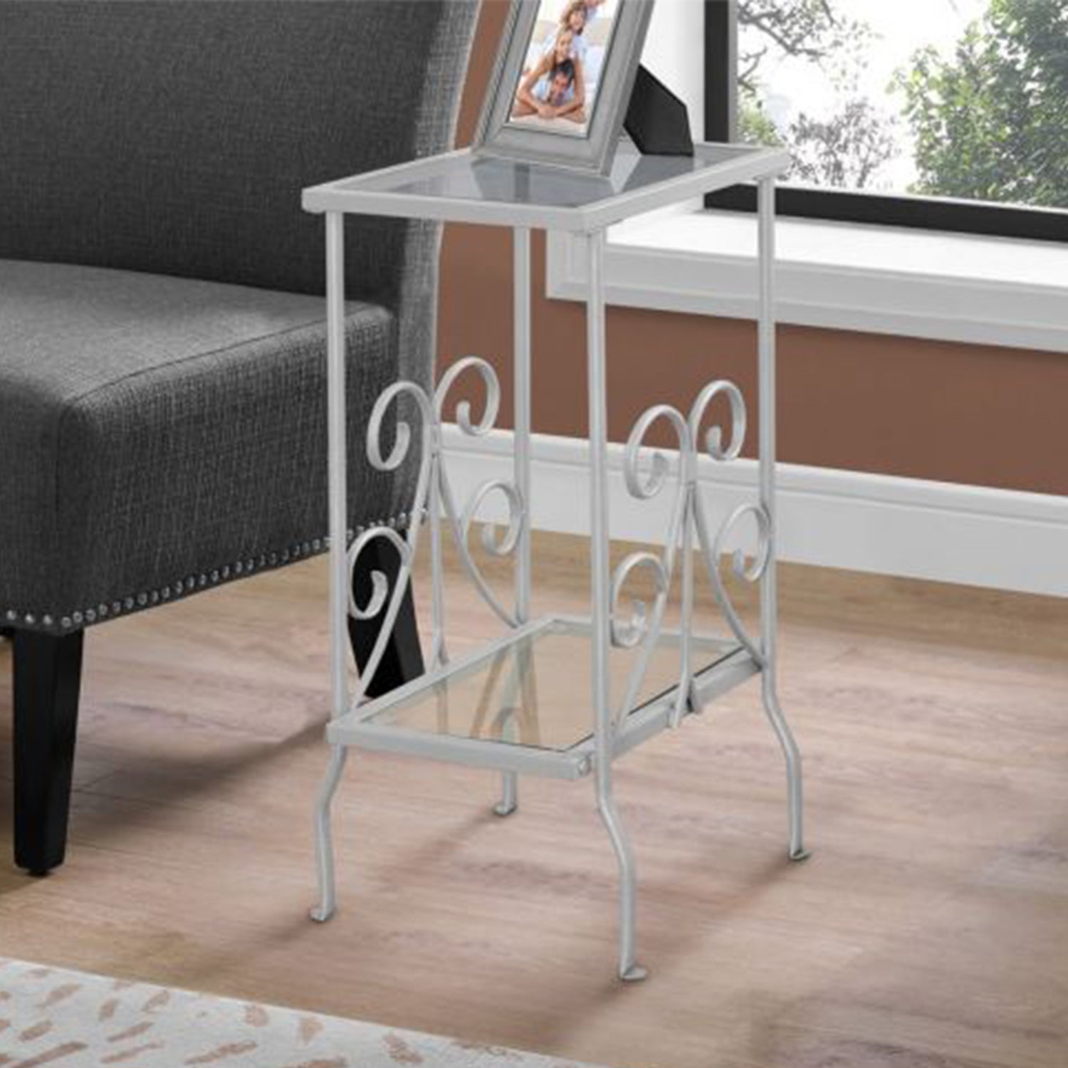 12" x 16" x 30" Silver Clear Metal Tempered Glass  Accent Table