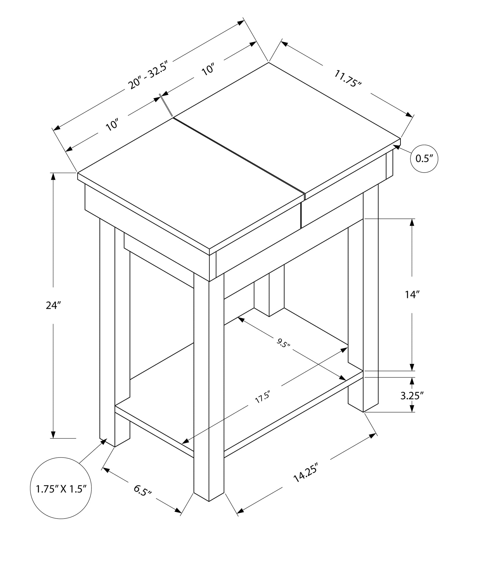 20" x 11.75" x 24" Cappuccino Finish Hollow Core Storage Accent Table