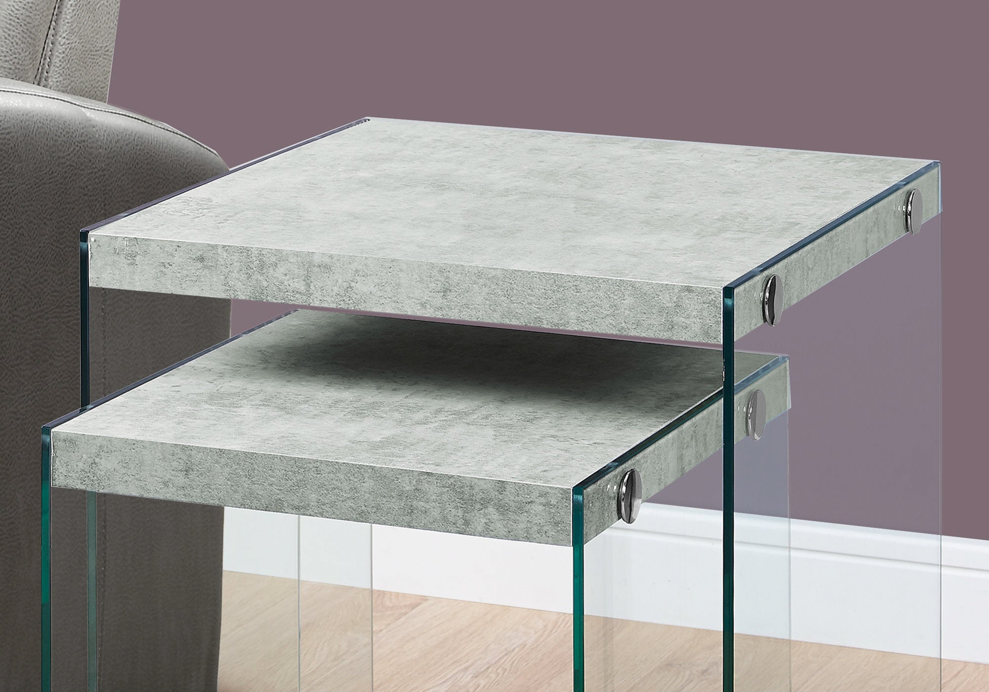 35.5" x 35.5" x 35.5" Grey Clear Particle Board Tempered Glass  2pcs Nesting Table Set