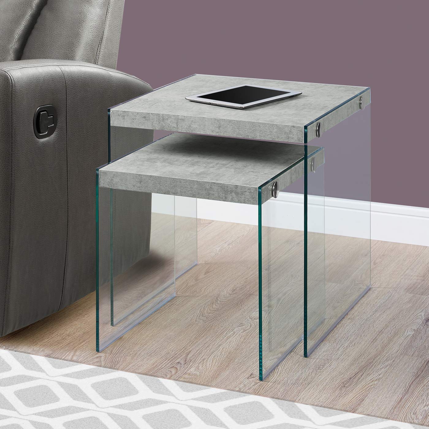 35.5" x 35.5" x 35.5" Grey Clear Particle Board Tempered Glass  2pcs Nesting Table Set