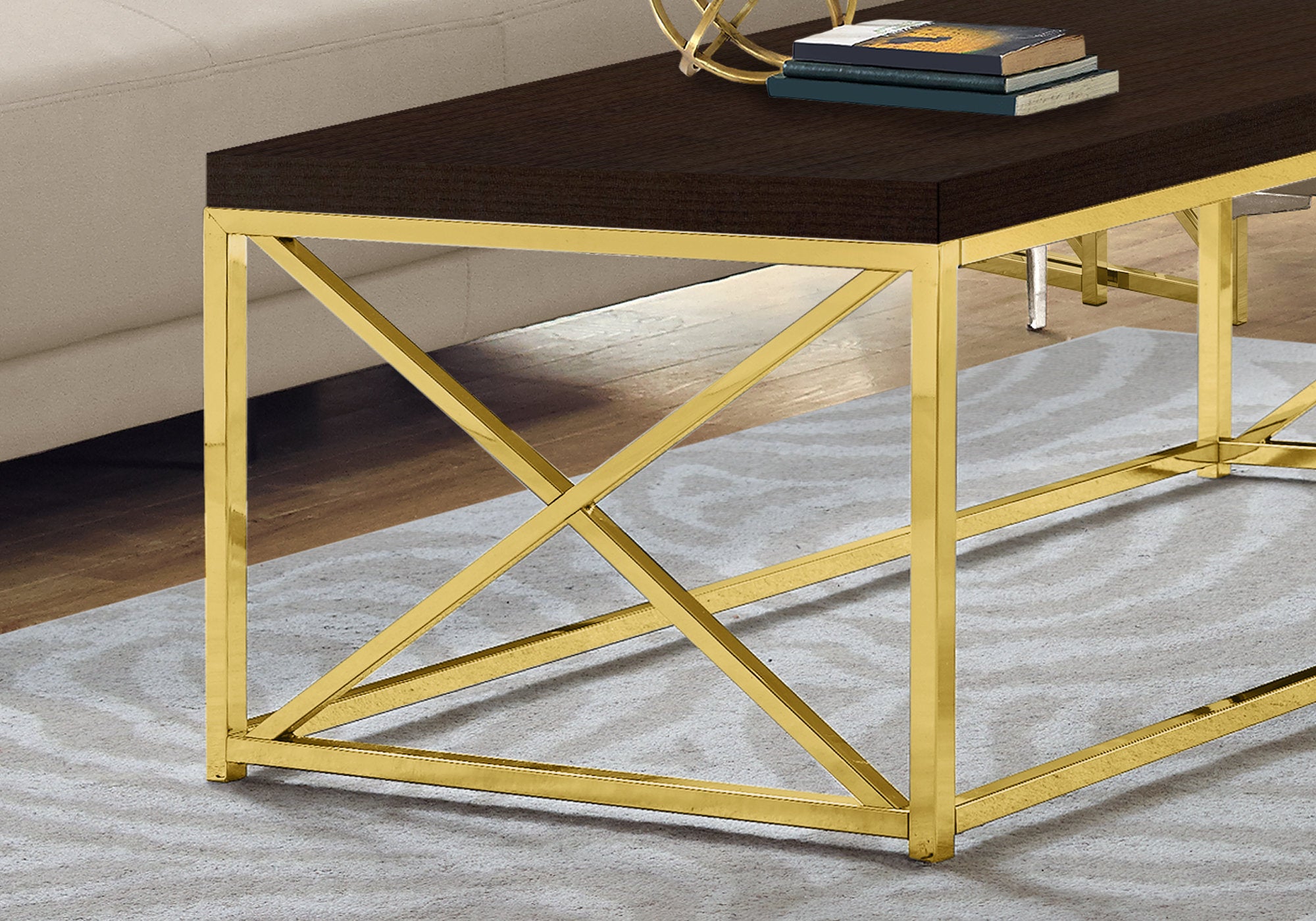 17" Cappuccino Particle Board and Gold Metal Coffee Table