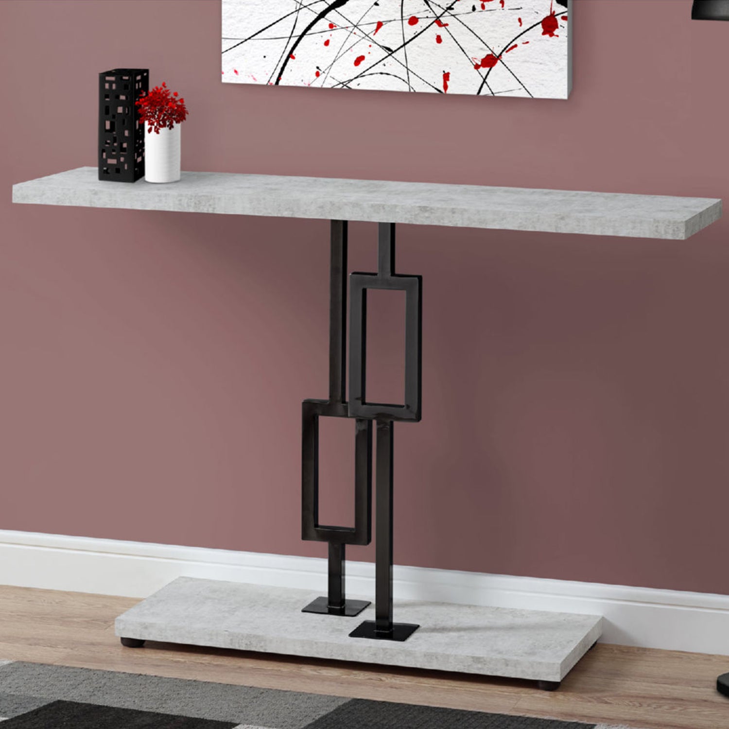 12" x 47.25" x 31" Grey CementBlack Nickel Metel Accent Table