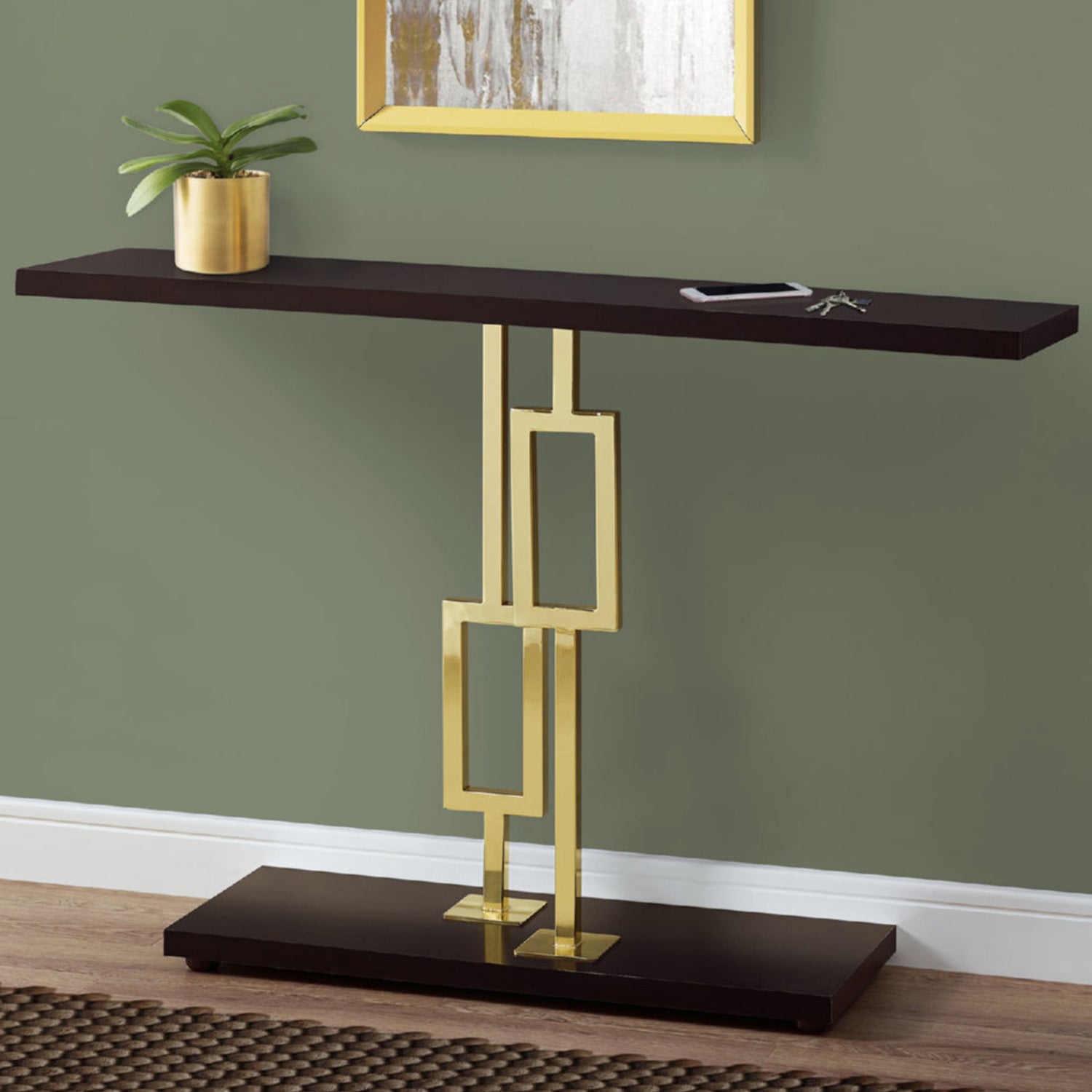 12" x 47.25" x 31" CappuccinoGold Metal Accent Table