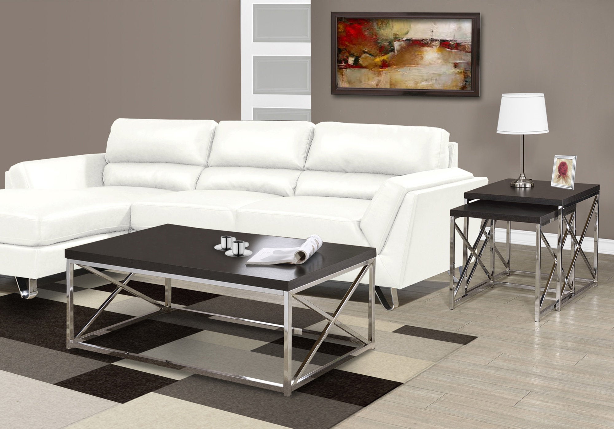 17" Cappuccino Particle Board and Chrome Metal Coffee Table