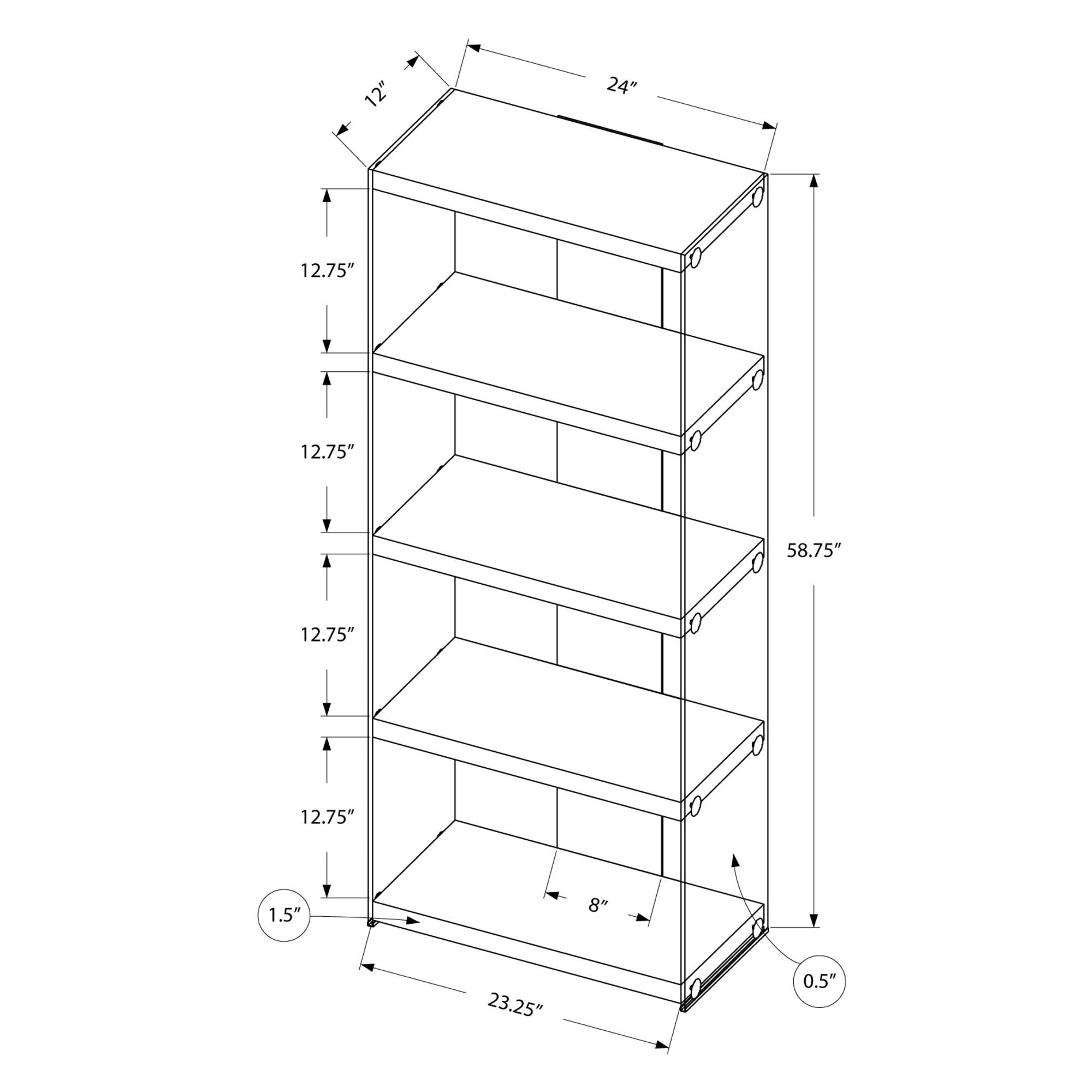 12" x 24" x 58.75" White Clear Particle Board Tempered Glass  Bookcase