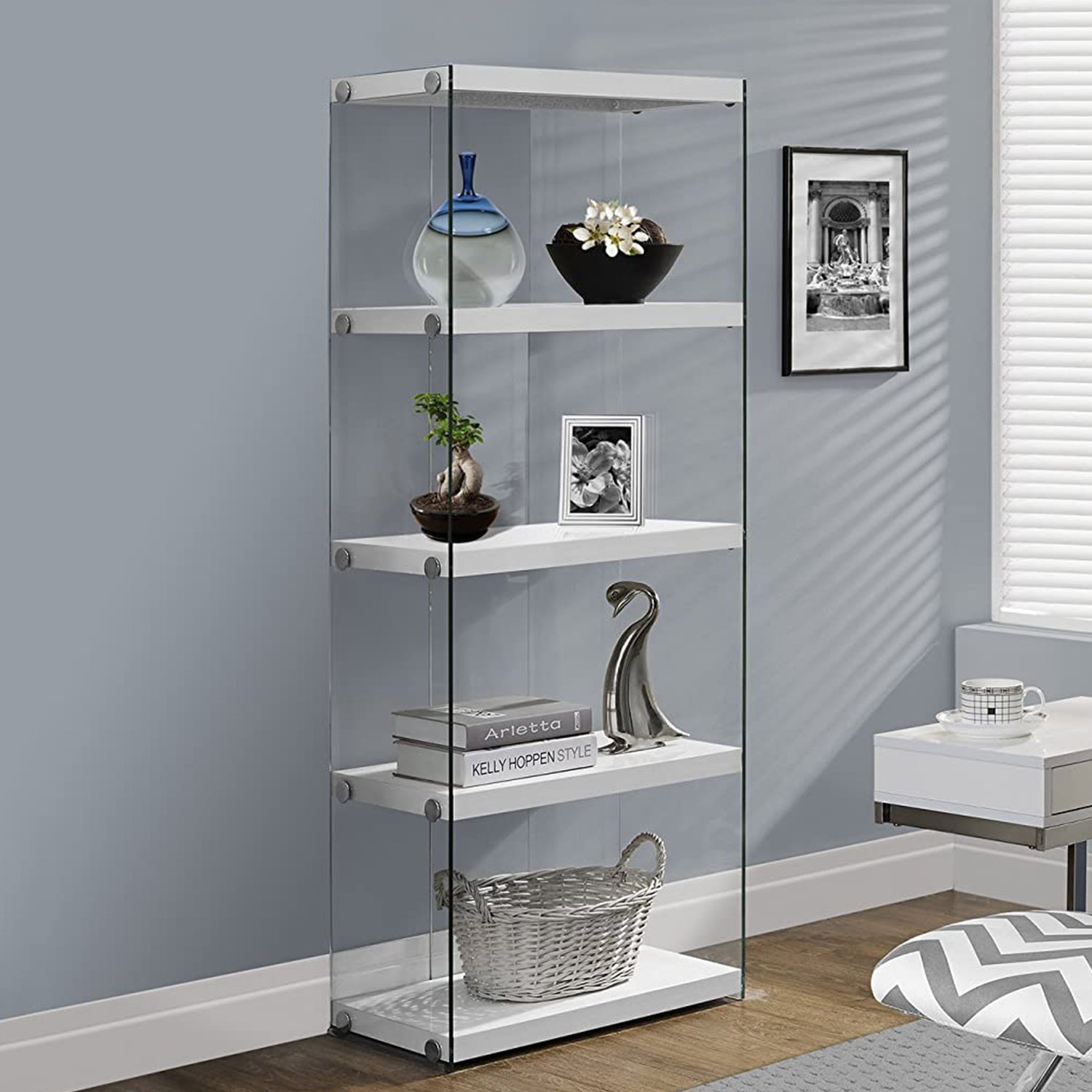 12" x 24" x 58.75" White Clear Particle Board Tempered Glass  Bookcase