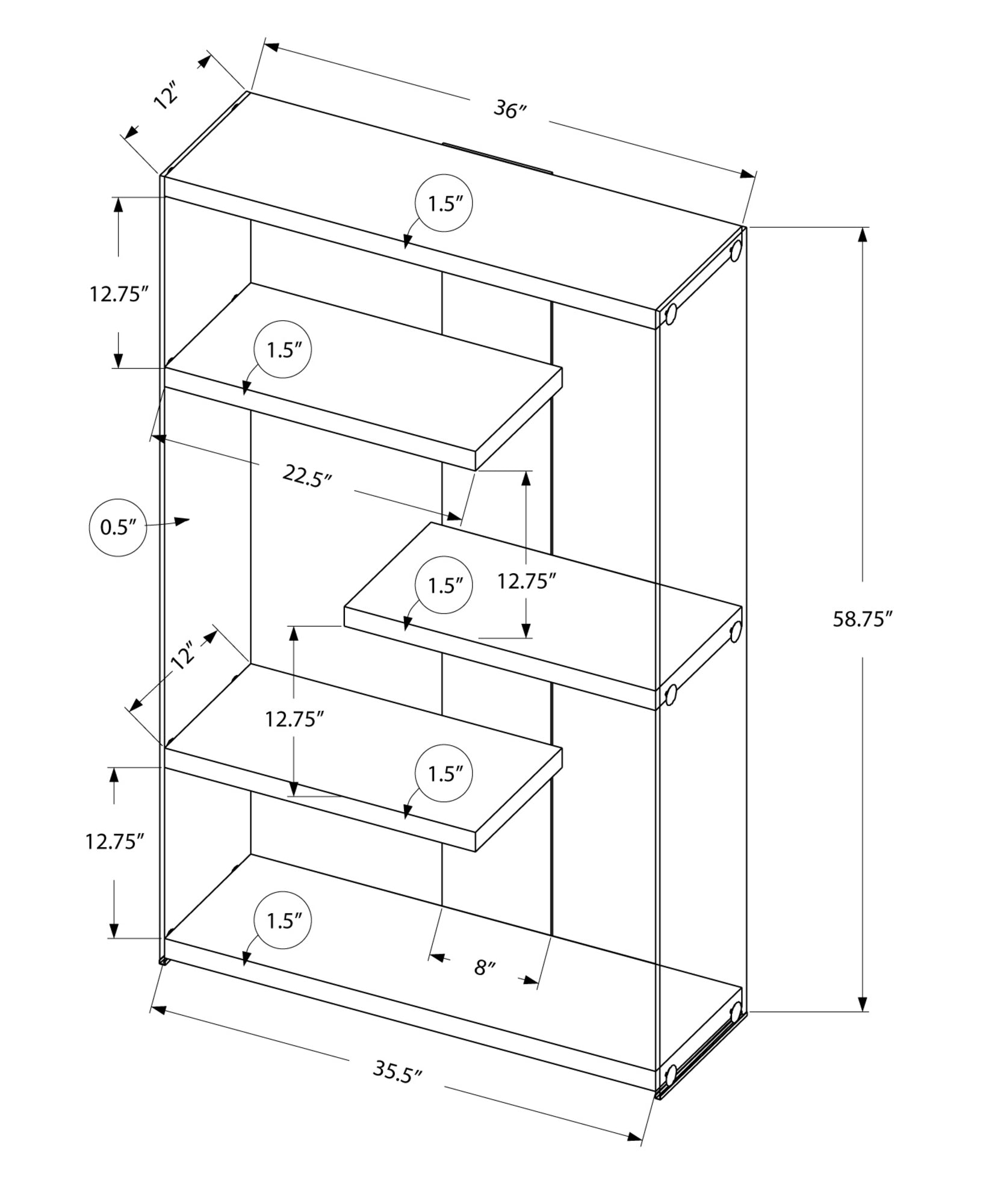 12" x 36" x 58.75" White Clear Particle Board Tempered Glass  Bookcase