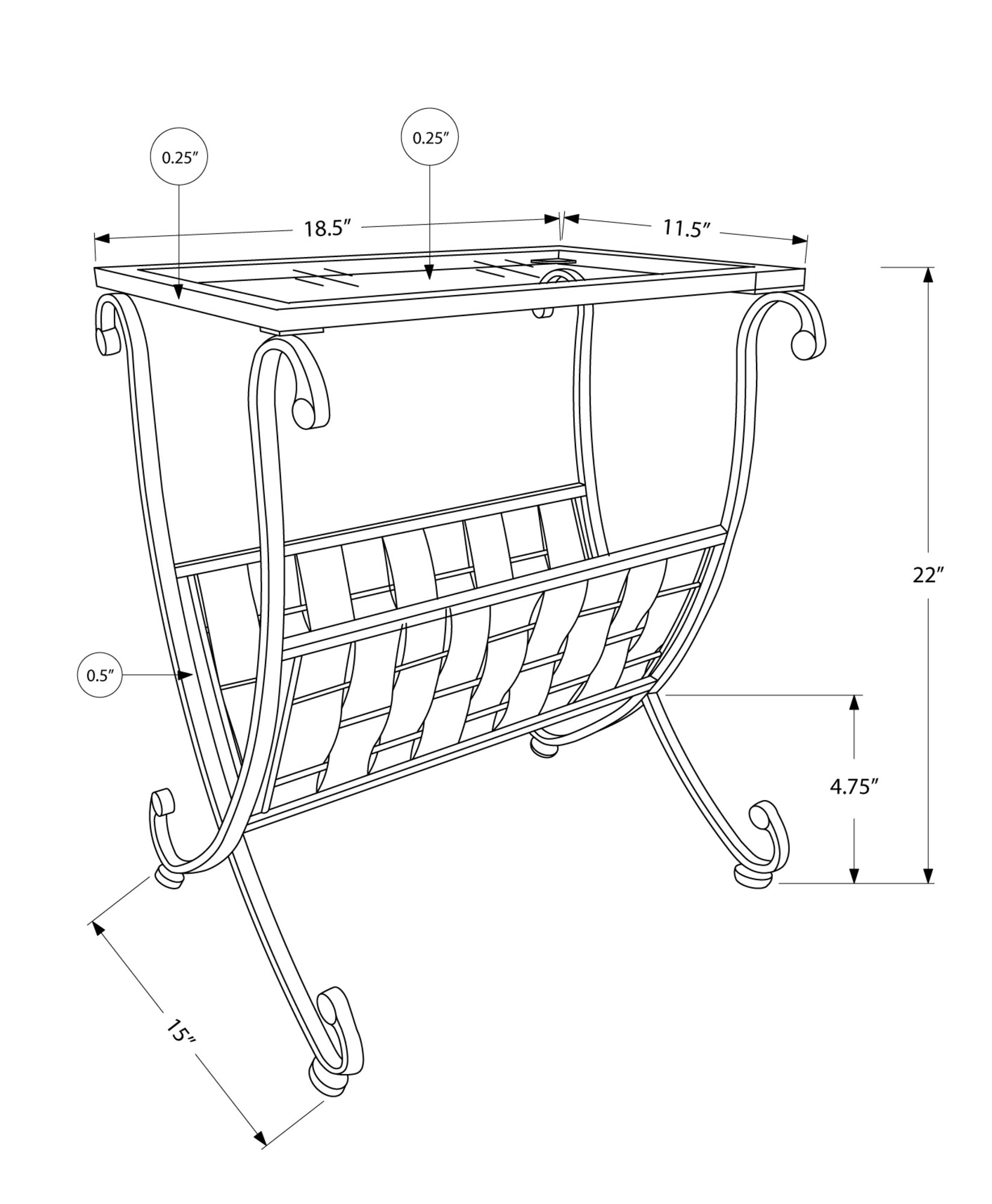 11.5" x 18.5" x 22" Black Taupe Metal Tempered Glass Accent Table