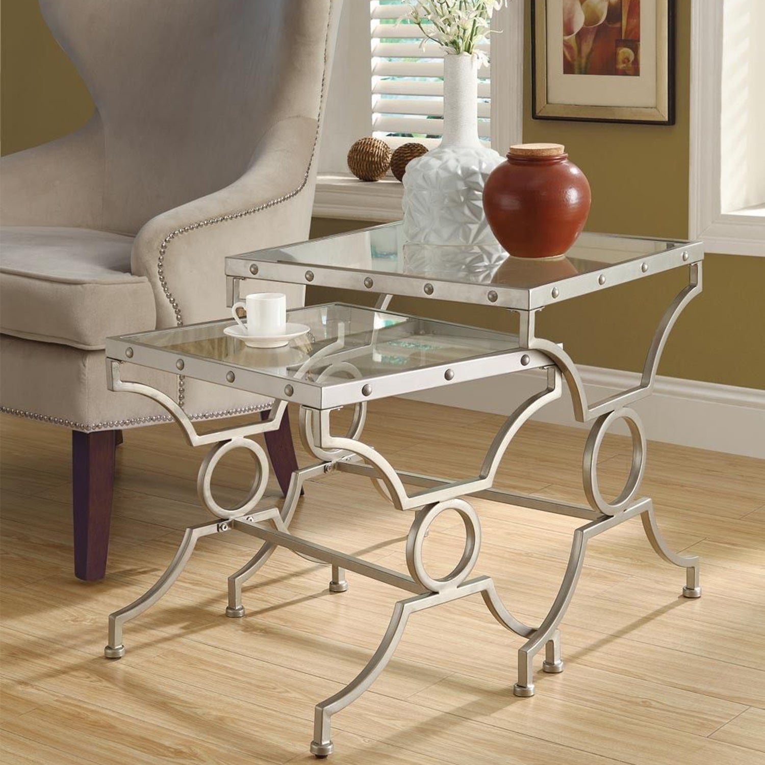 38.5" x 43.5" x 43" Silver Tempered Glass 2pcs Nesting Table Set