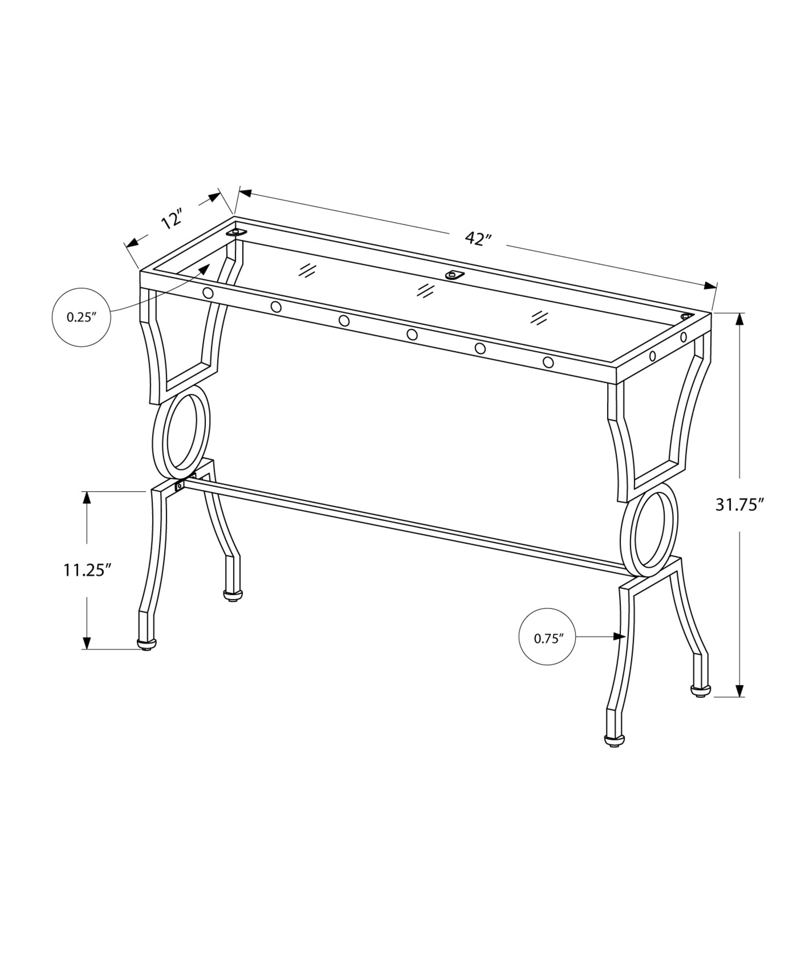 12" x 42" x 31.75" Silver Clear Metal Tempered Glass  Accent Table