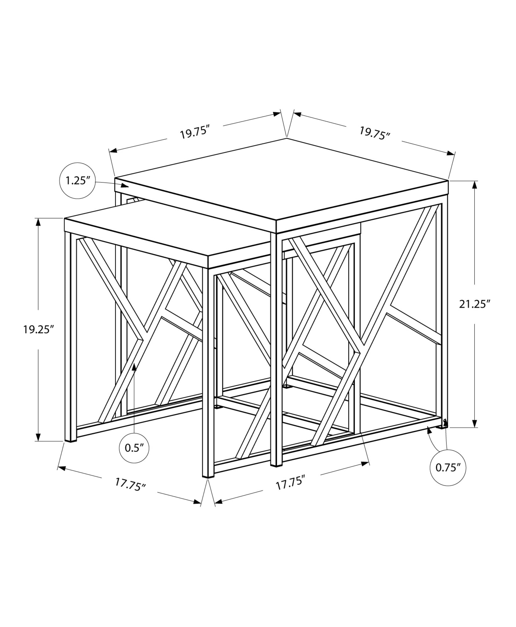 37.5" x 37.5" x 40.5" Grey Particle Board Metal 2pcs Nesting Table Set