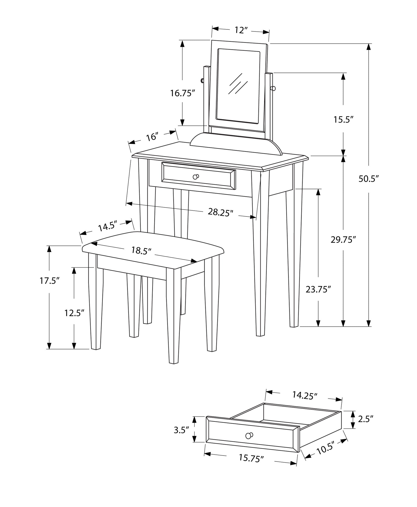 30.5" x 46.75" x 68" White  Black  Particle Board  Foam  Vanity Set 2pcs
