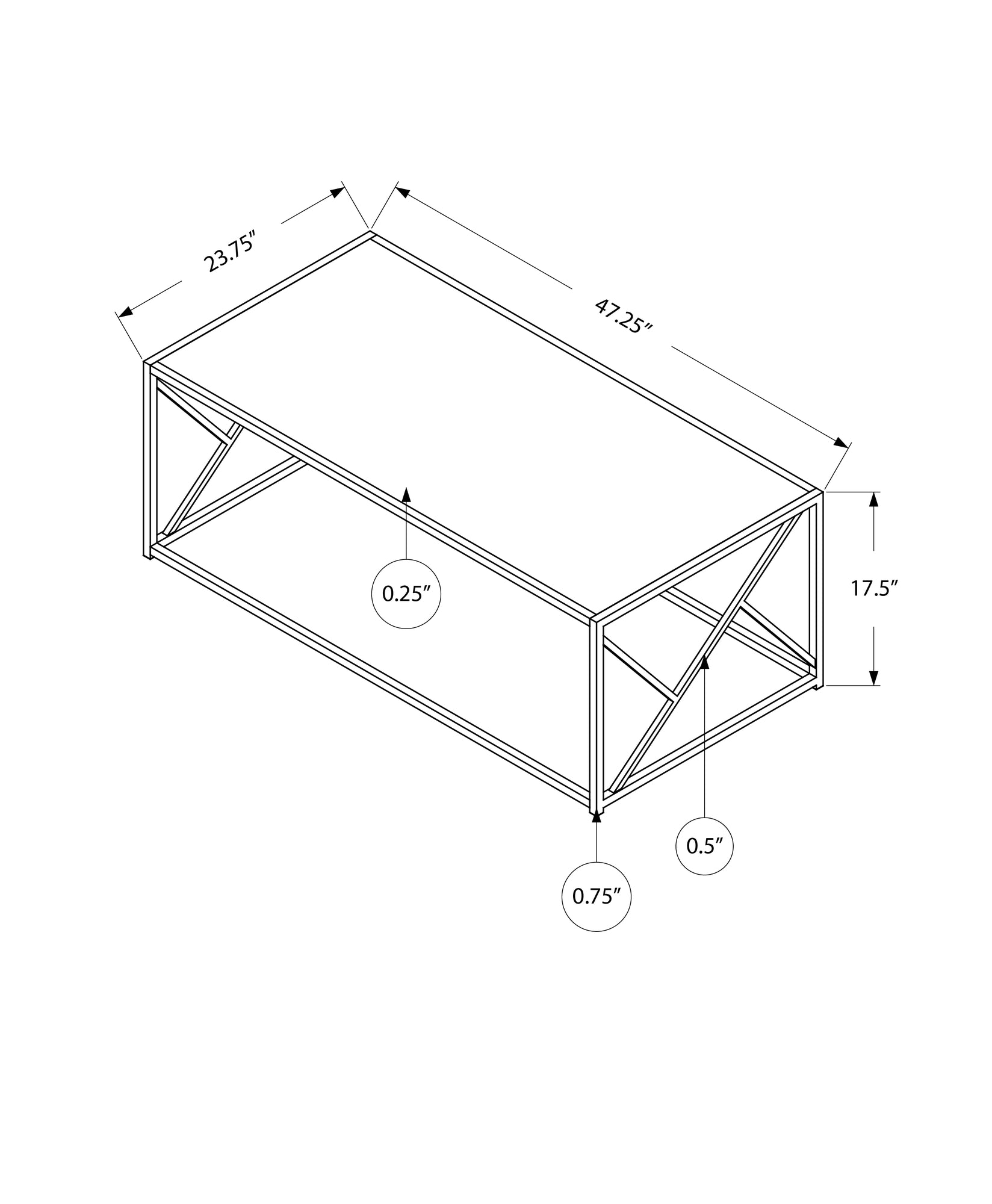 23.75" x 47.25" x 17.5" Black Metal Glass Particle Board  Coffee Table with a Mirror Top