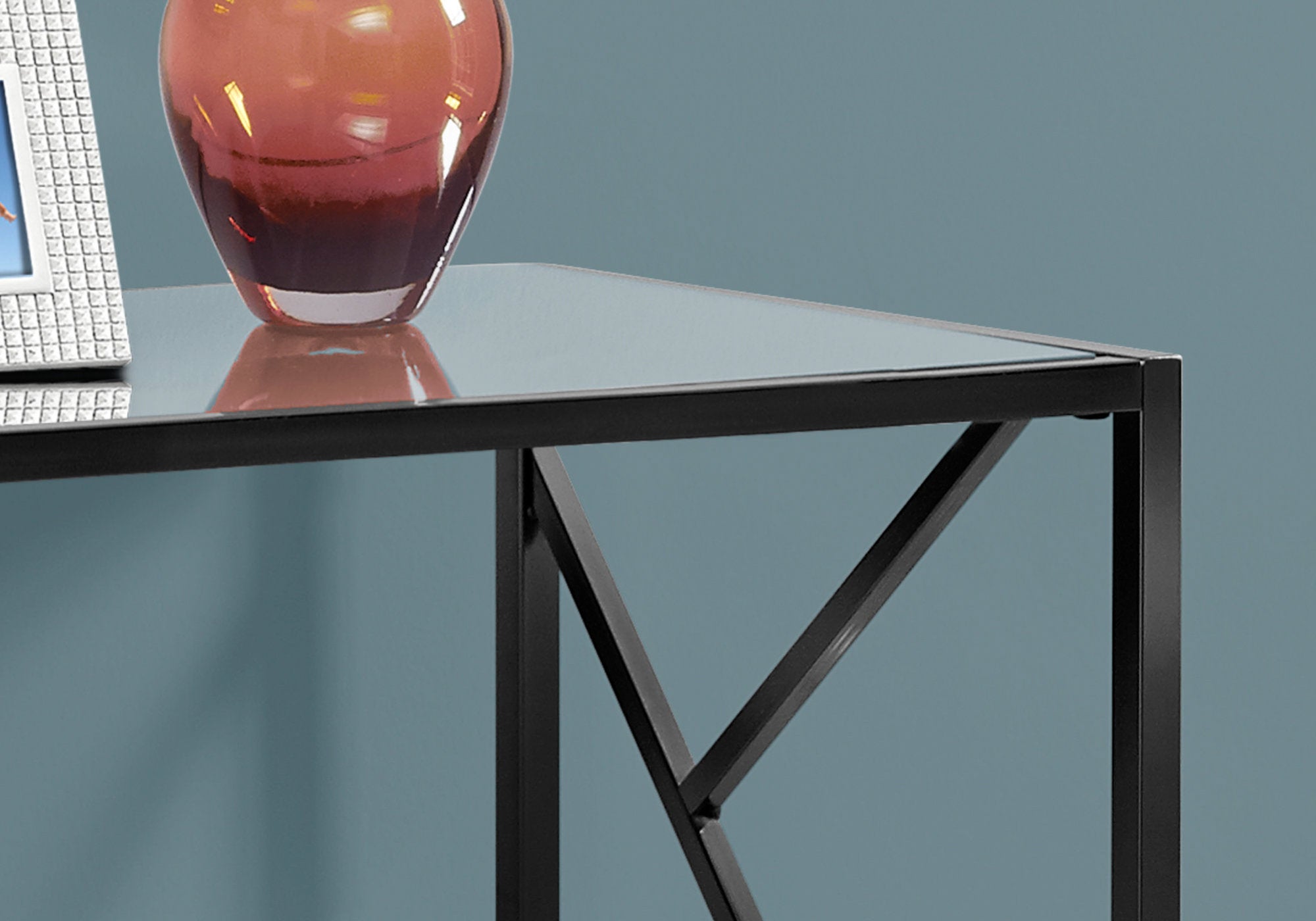 15.75" x 44" x 32" Black Metal Glass Particle Board Accent Table with a Mirror Top