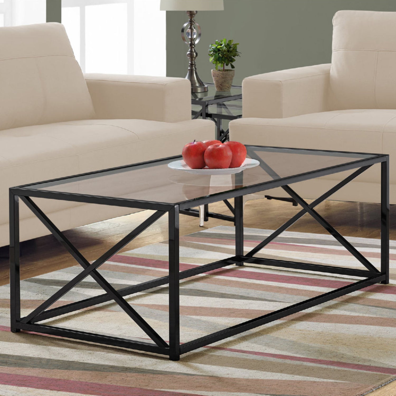 22" x 44" x 17.25" Black Clear Metal Tempered Glass  Coffee Table