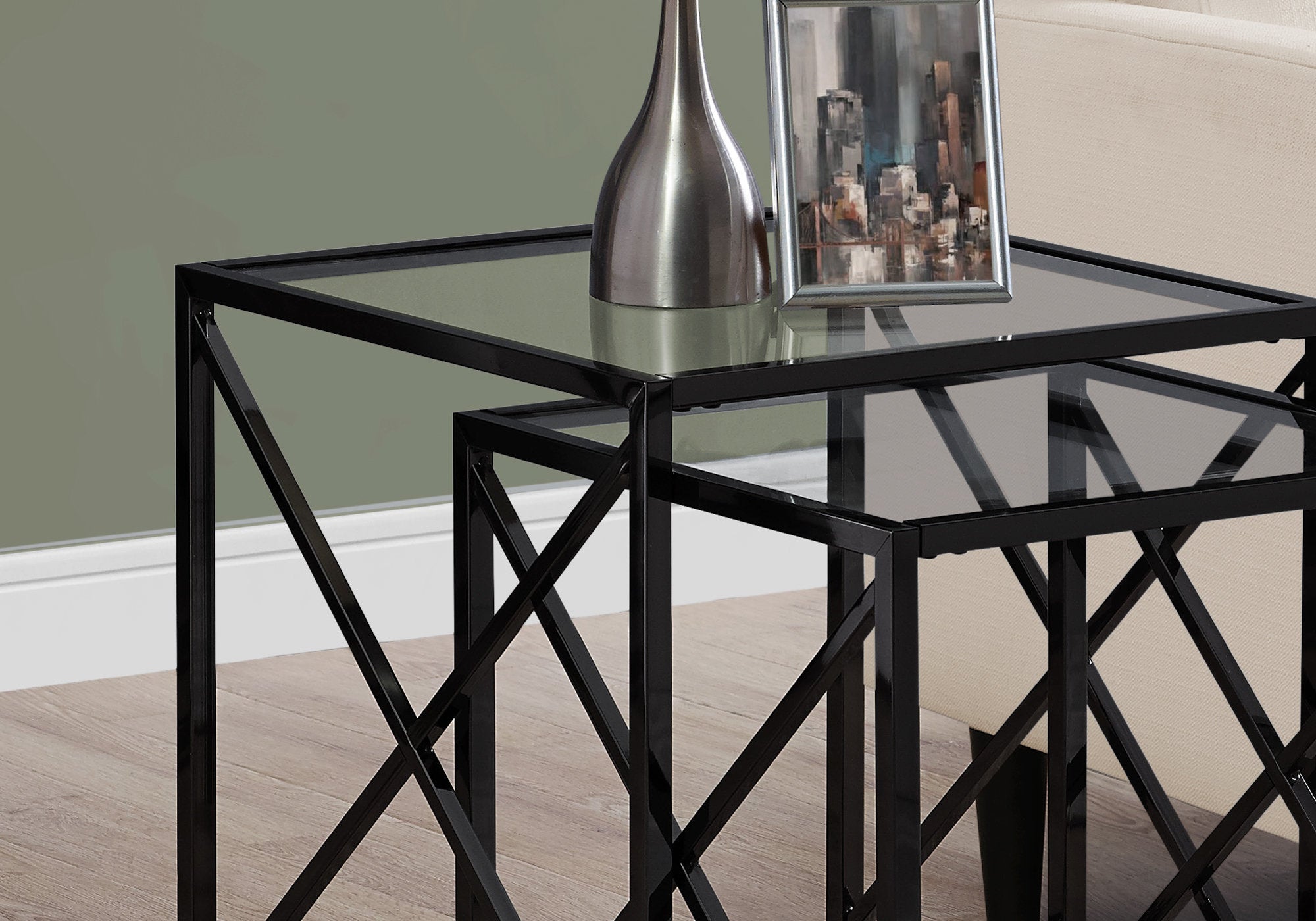 38" Black Nickel Metal and Tempered Glass Two Pieces Nesting Table Set