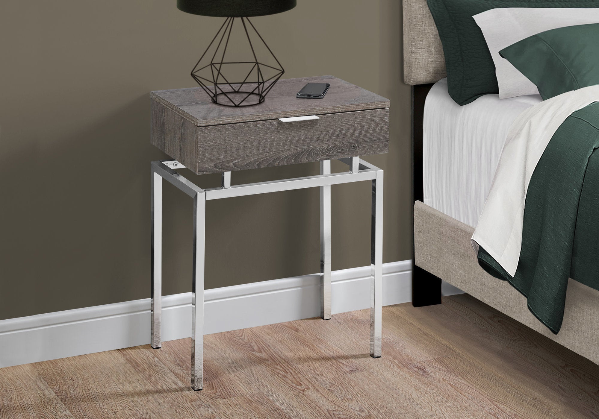 12.75" x 18.25" x 23" Dark Taupe Finish and Chrome Metal Accent Table