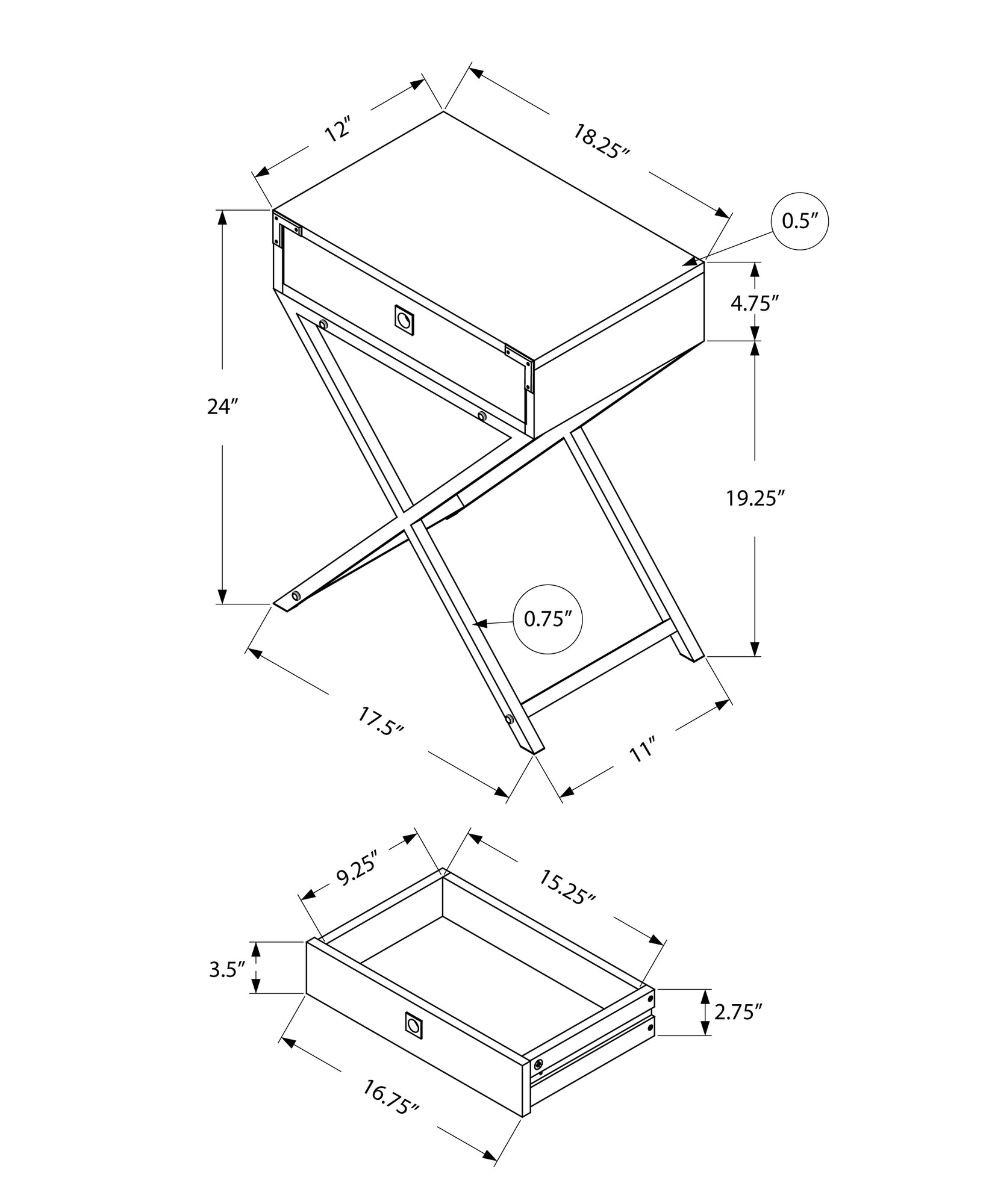 12" x 18.25" x 24" White Finish and Metal Accent Table