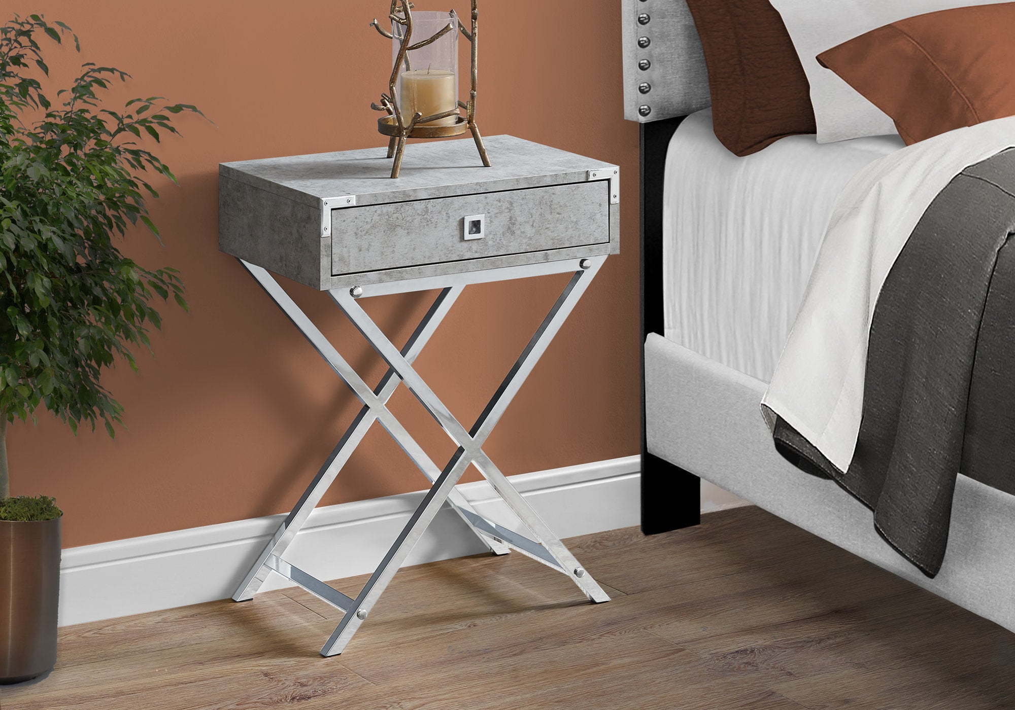 12" x 18.25" x 24" Grey Cement Finish and Chrome Metal Accent Table