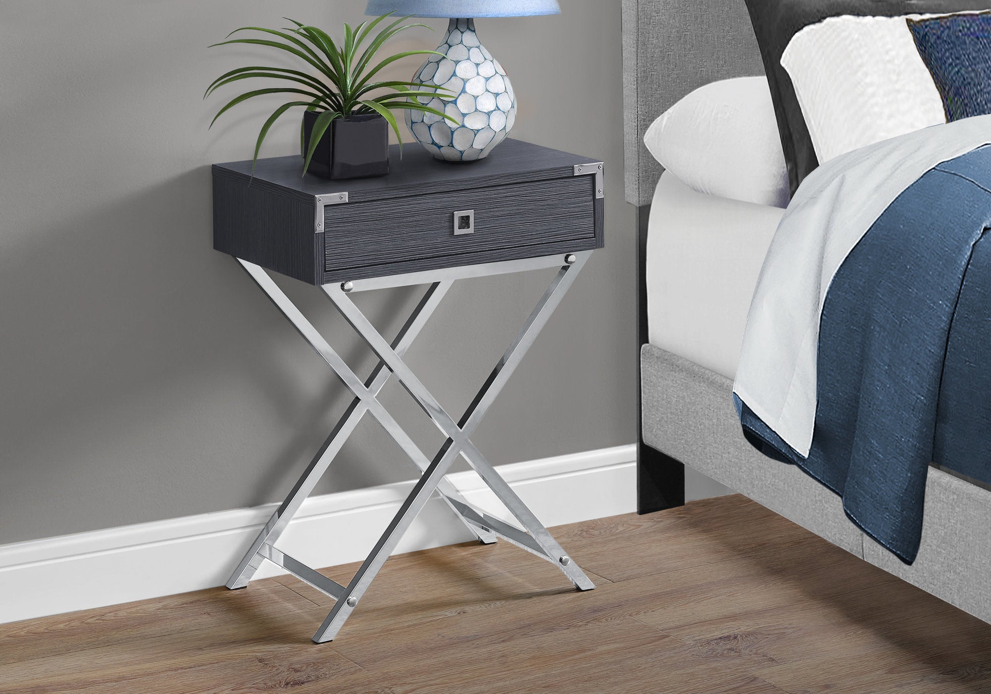 12" x 18.25" x 24" Grey Finish  and Chrome Metal Accent Table