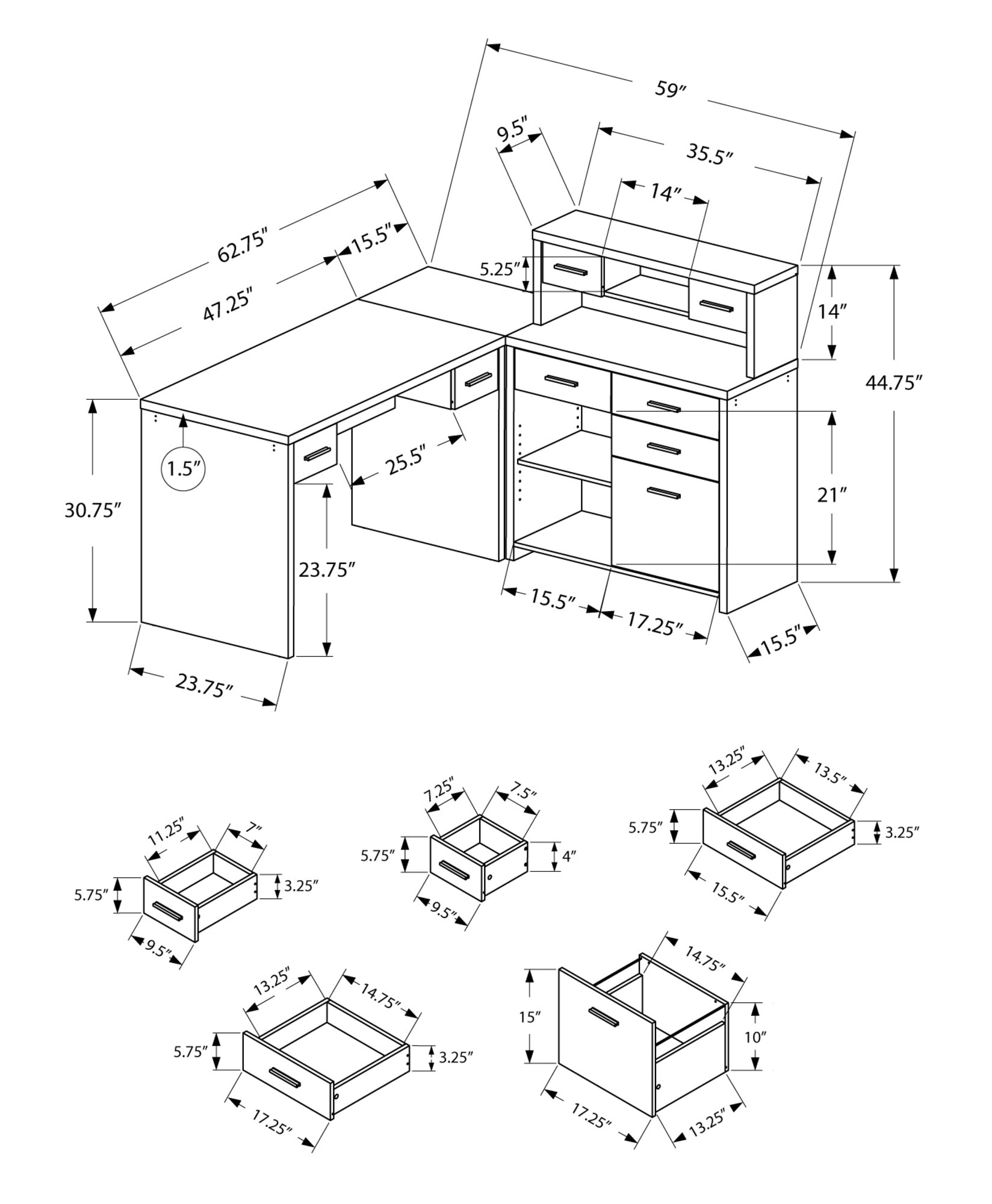 59" x 62.75" x 44.75" Cappuccino Particle Board Hollow Core  Computer Desk