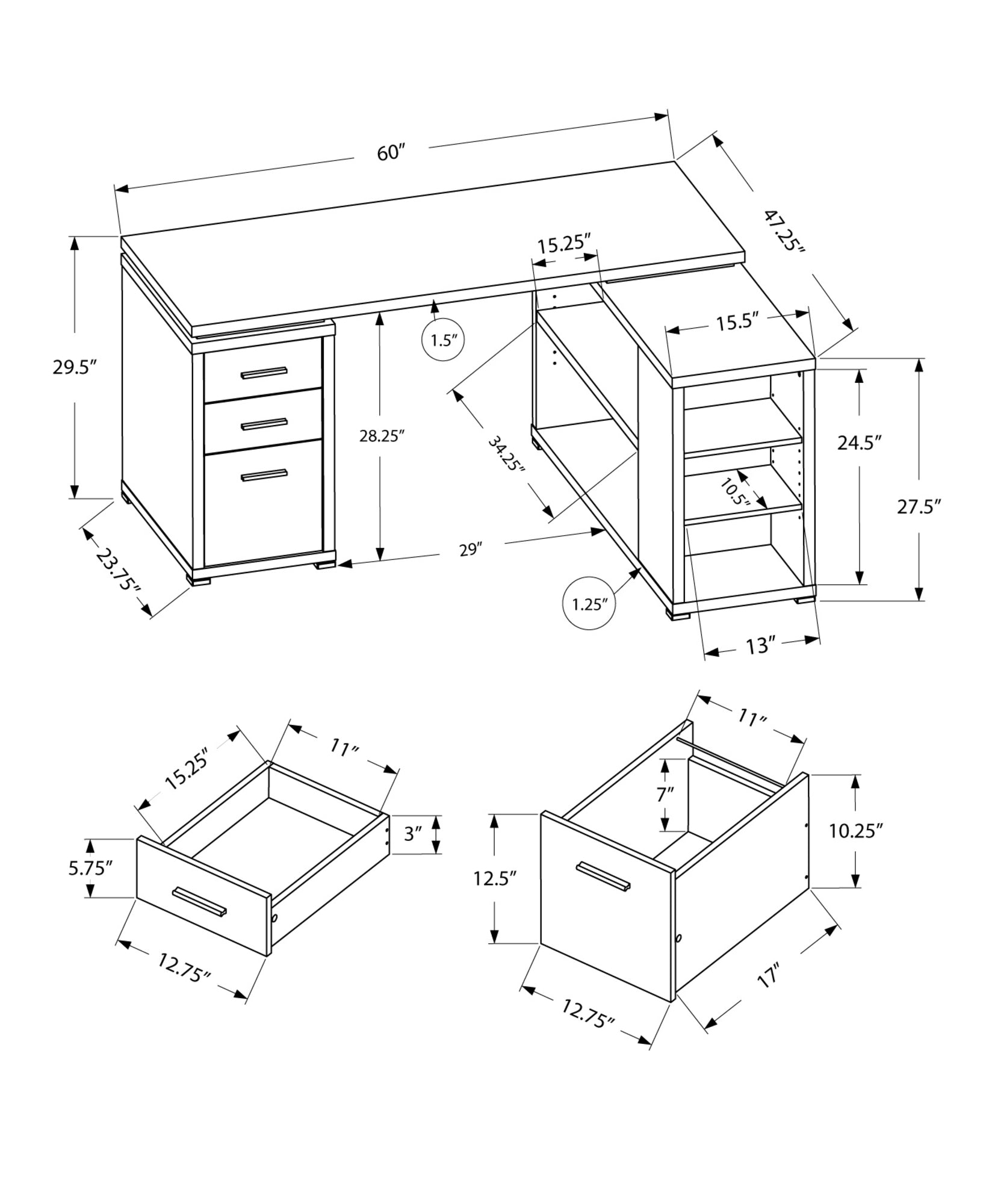 47.25" x 60" x 29" White Particle Board Hollow Core  Computer Desk