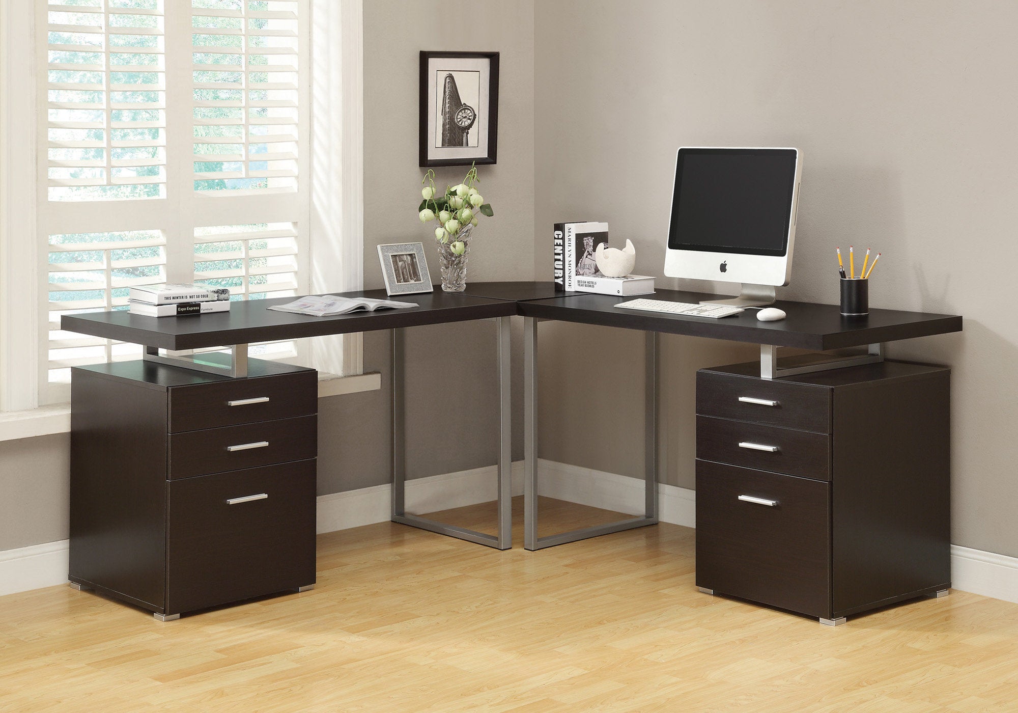 23.75" x 47.25" x 30" Cappuccino Silver Particle Board Hollow Core Metal  Computer Desk