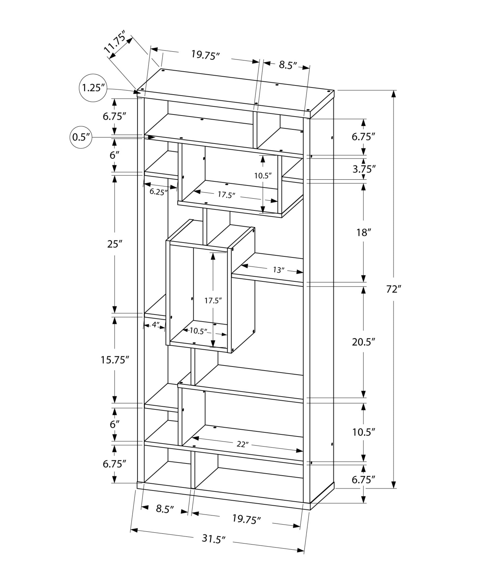 11.75" x 31.5" x 72" White Particle Board Hollow Core  Bookcase